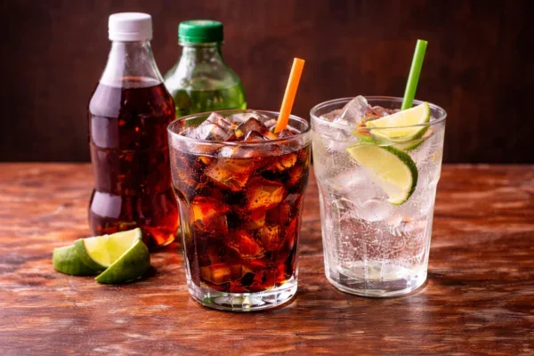 Two glasses of soda with ice, lime wedges, and straws, along with bottles of soda on a wooden table.