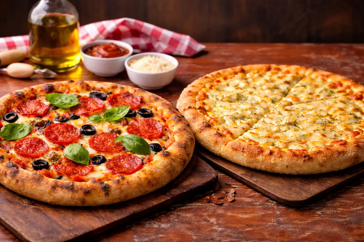 Two pizzas on wooden boards, one with pepperoni, black olives, and fresh basil, the other with a white sauce and herbs, with condiments and oil in the background on a rustic wooden table.