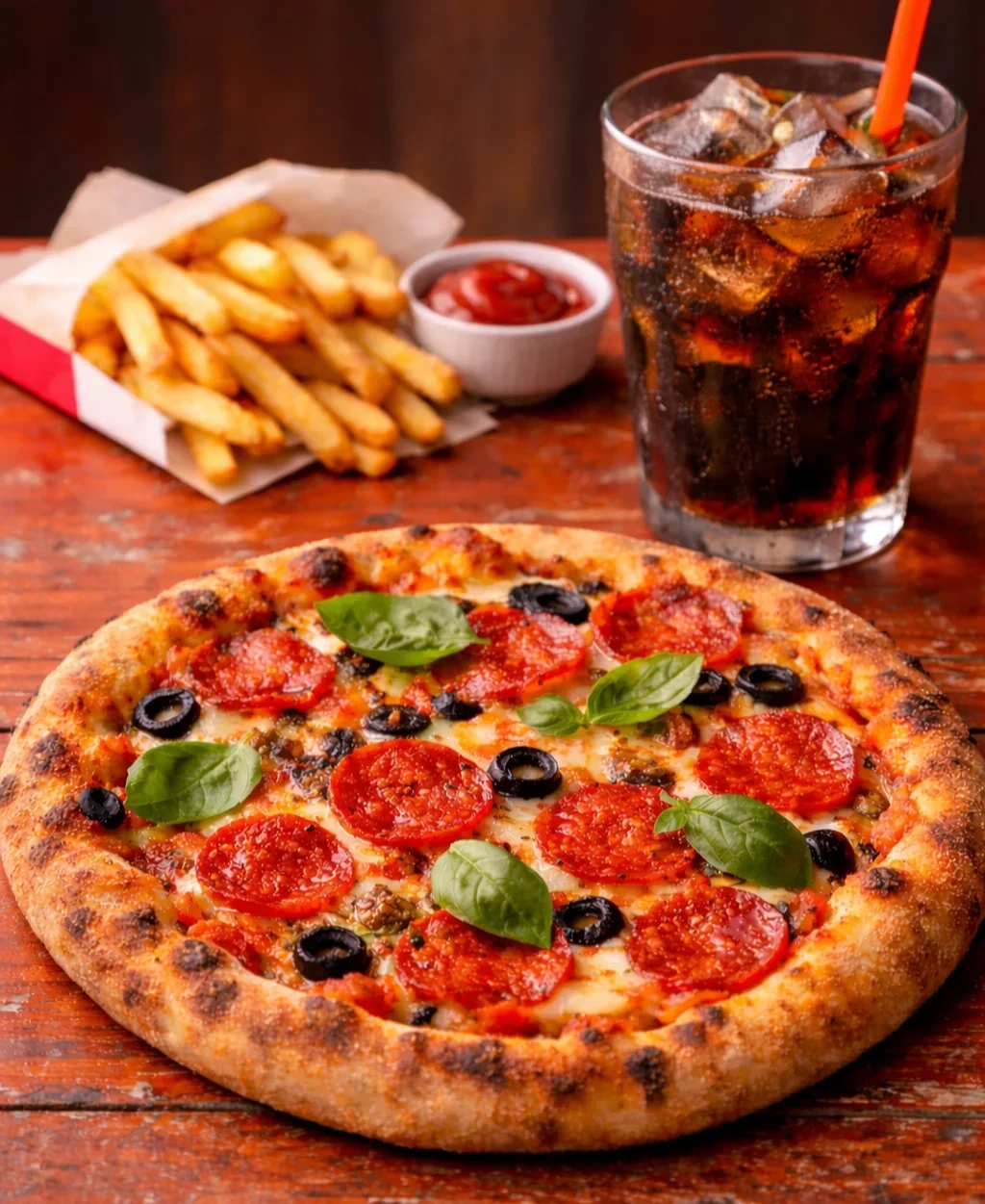 A pizza with pepperoni, black olives, and basil leaves on a wooden table, with a side of French fries in a paper tray, a small bowl of ketchup, and a glass of soda with ice and a straw.