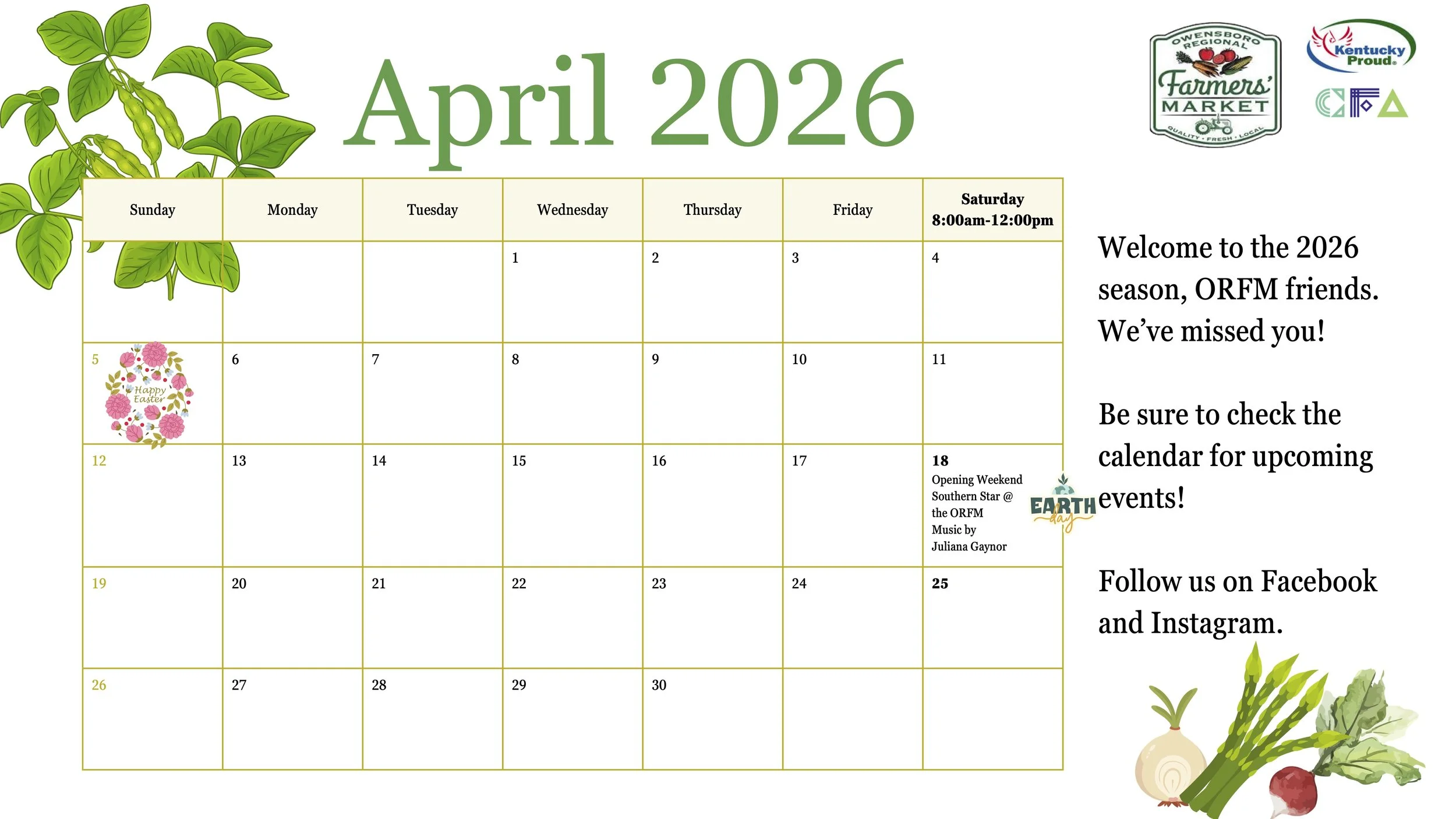 April 2026 calendar for the Farmers Market with illustrations of green plants and vegetables, and logos of regional sponsors on the right side, with an Easter greeting and event details.