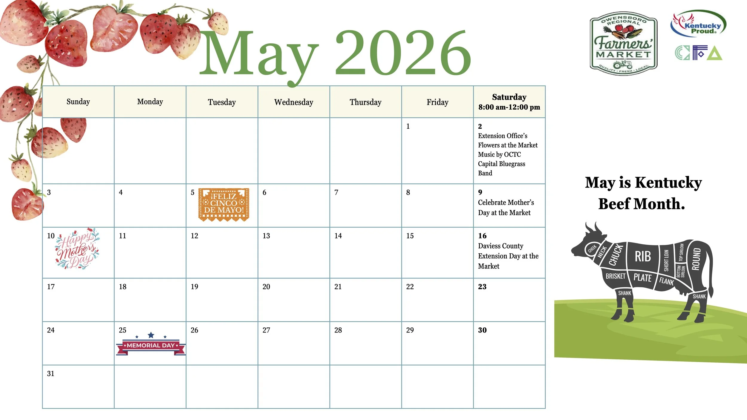 May 2026 calendar featuring strawberries in the top left corner, Kentucky Proud, Farmers Market, Lincoln Memorial and Kentucky logos at the top right, a pig diagram at the bottom right, and notes about events such as Mother's Day, Memorial Day, and M