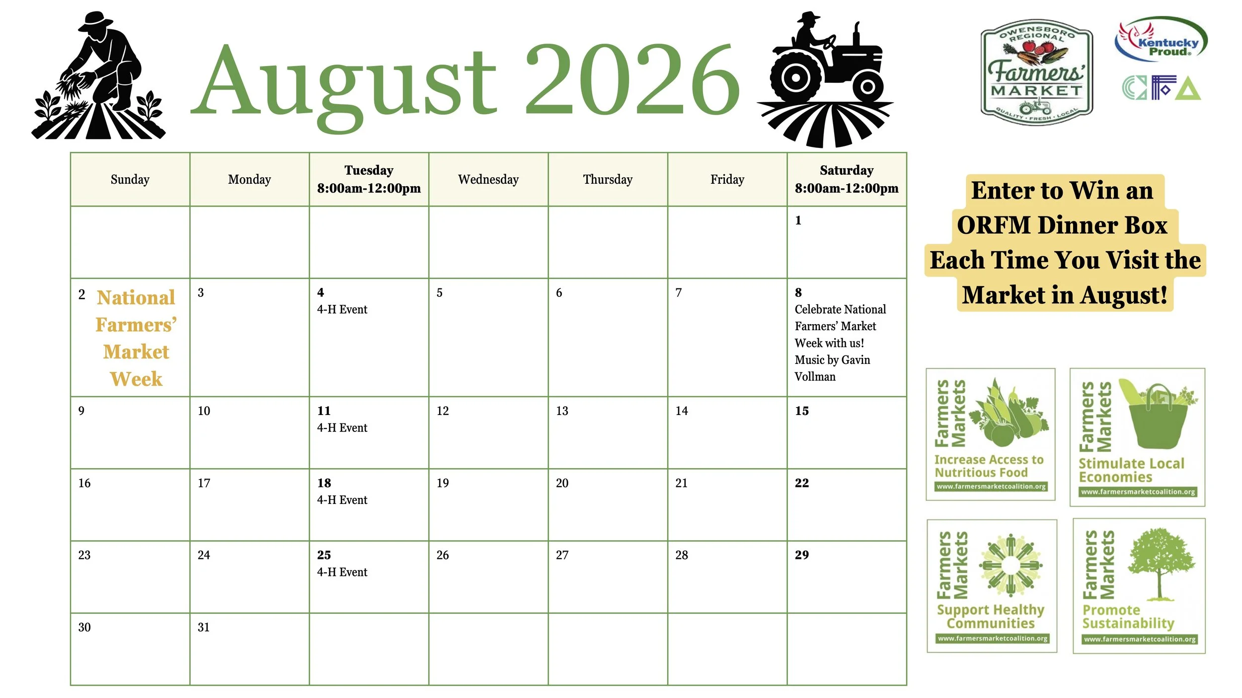 August 2026 calendar for a farmers market, with event notes on specific days, and logos promoting local food, community support, and sustainability.