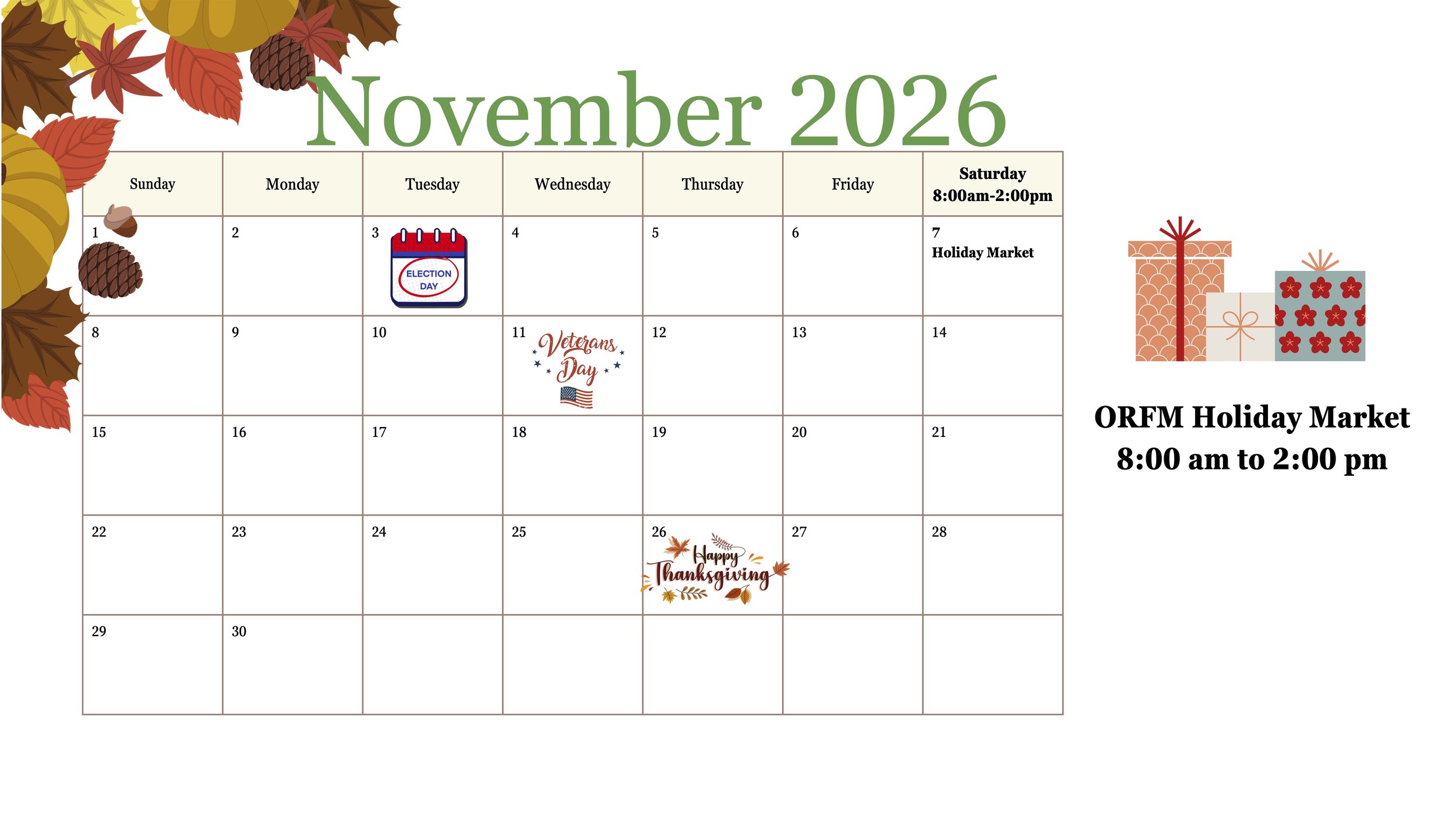 Calendar for November 2026 with fall-themed decorations such as leaves, pumpkins, and pine cones. Notable events include Election Day on November 3rd, Veterans Day on November 11th, Thanksgiving on November 26th, and two holiday markets scheduled on 
