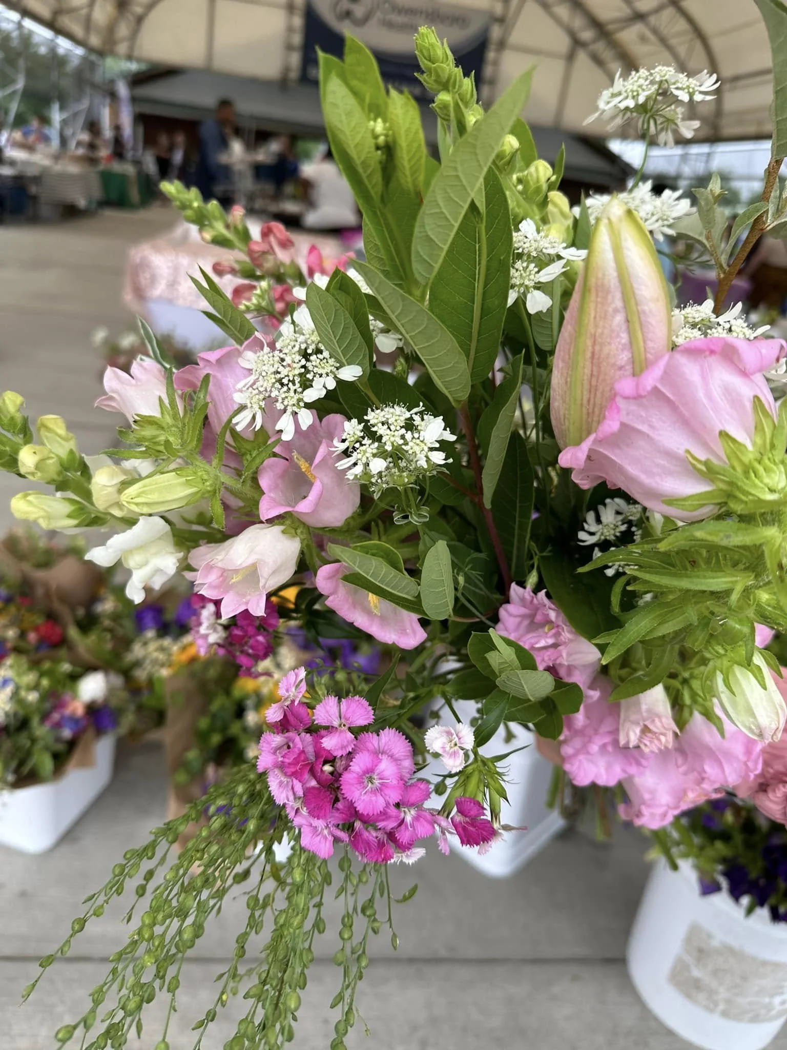 A colorful bouquet of pink, white, and purple flowers with green leaves, displayed in white pots at a market or flower shop.
