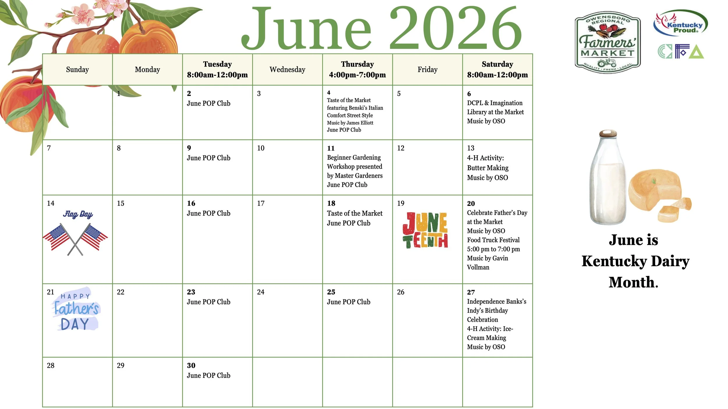 June 2026 calendar with illustrations of peaches and farm-related symbols, including flags and dairy products, emphasizing Kentucky Dairy Month.