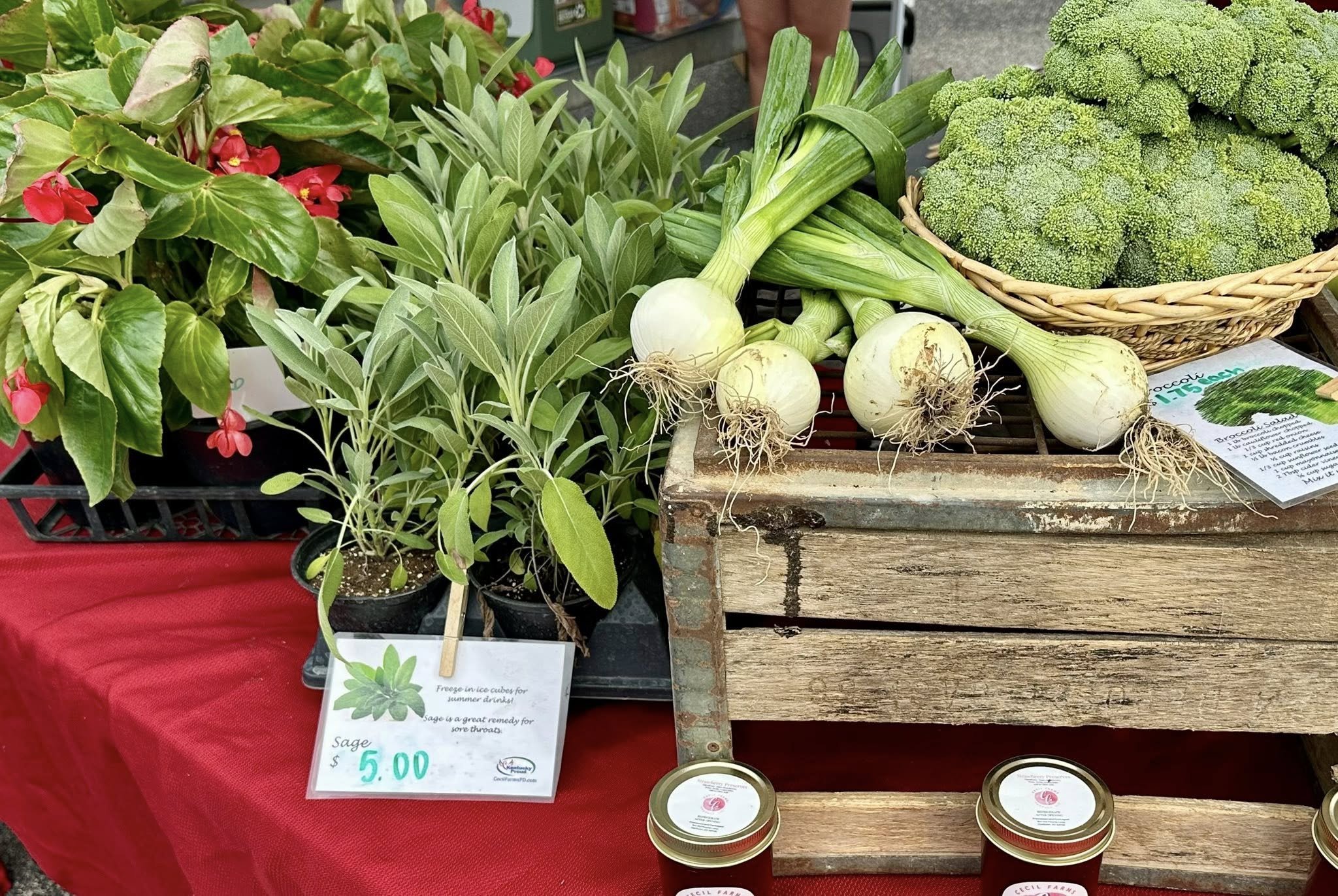 Fresh herbs, vegetables, and jars of jam displayed on a market table with a red tablecloth. In the center, there are green onions or scallions, and a sign indicating sage for $5.00.