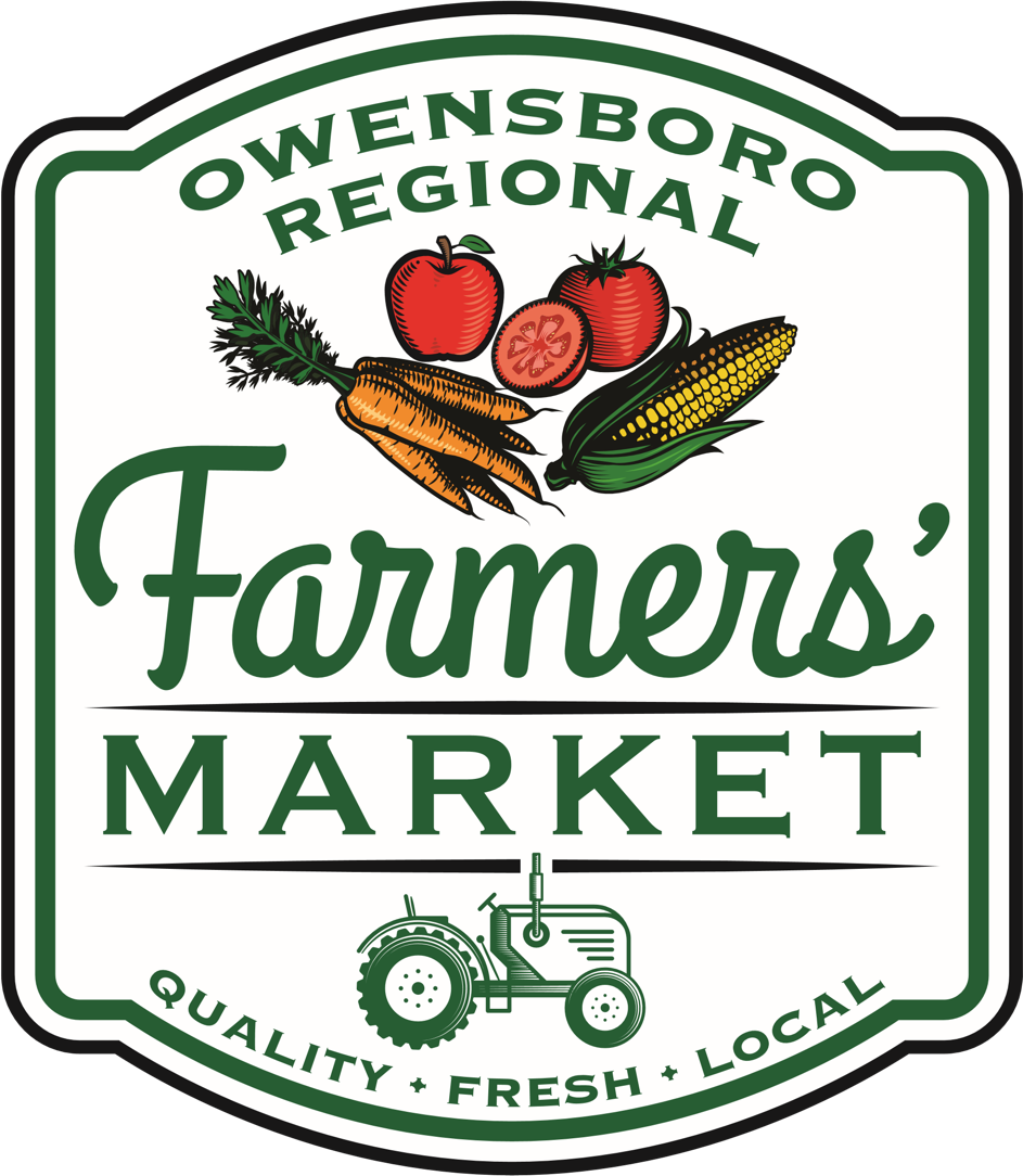 Logo for Owensboro Regional Farmers Market with illustrations of tomatoes, carrots, and corn, and a tractor. Contains the words 'Quality, Fresh, Local'.