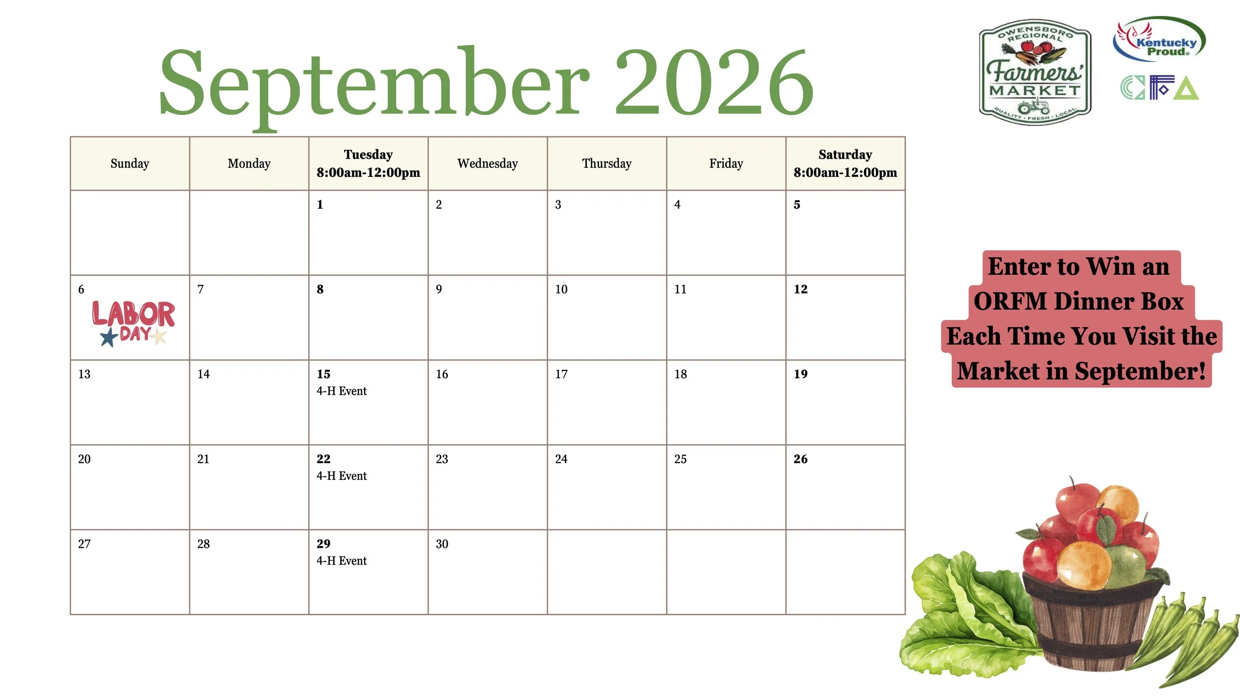 September 2026 calendar from the Farmers Market with event notes and a red box promoting a chance to win a dinner box. Visual elements include market logos, a cart with apples, and a basket of apples and vegetables.