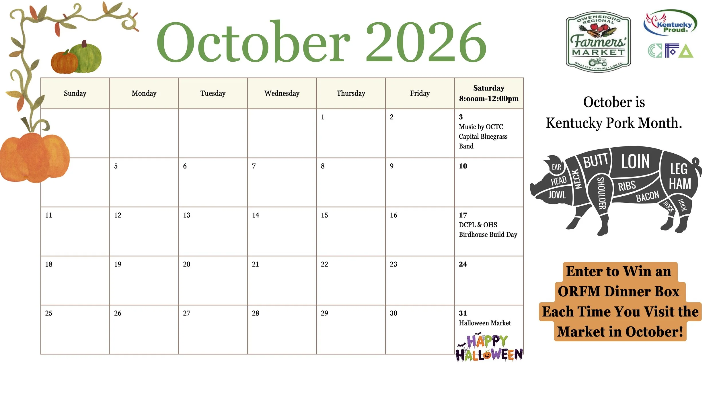 October 2026 calendar with pumpkin illustrations and event details for Kentucky Pork Month, including music, birdhouse build day, and Halloween Market, with promotional graphics and logos at the top.