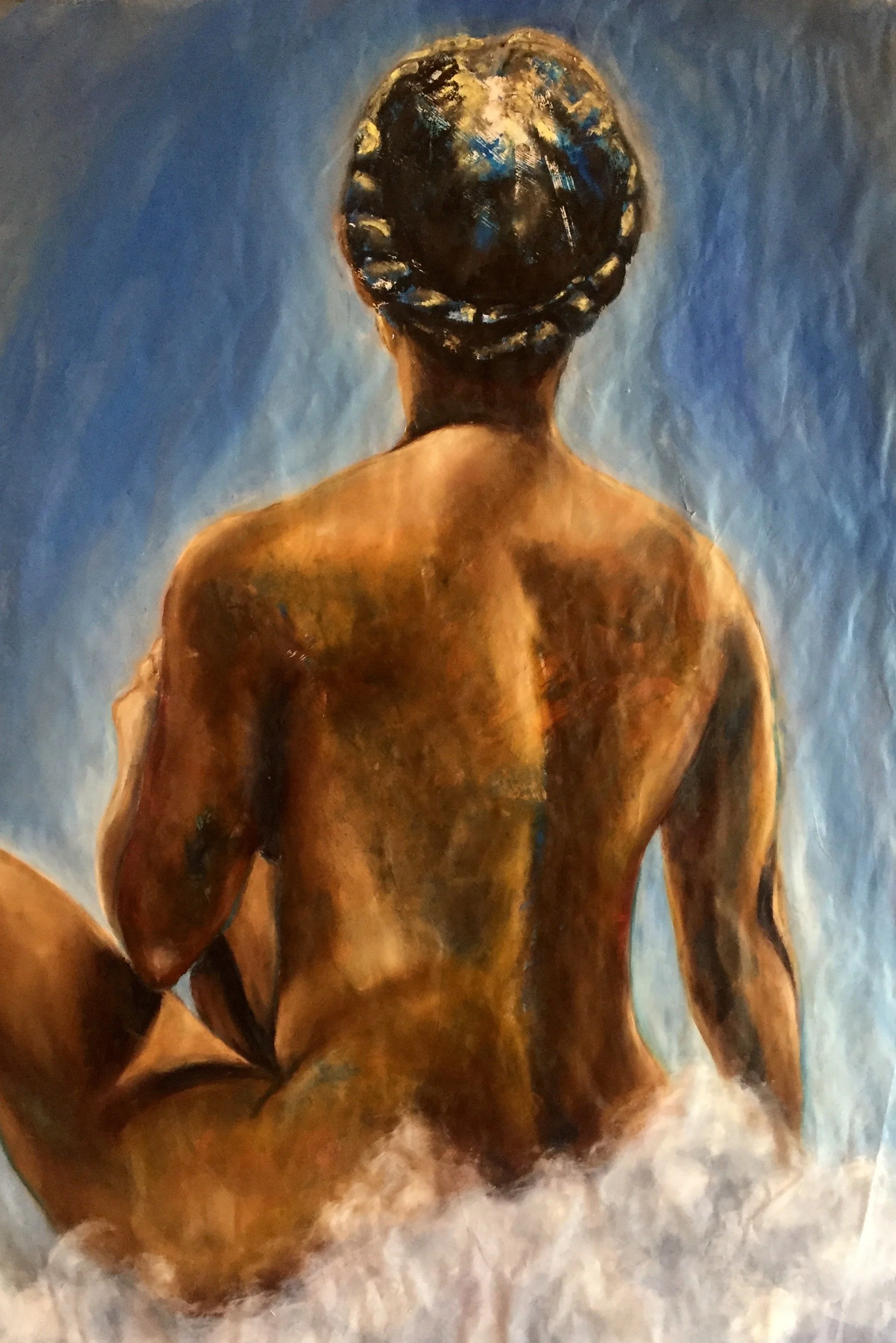 Back view of a reclining nude woman with dark hair, sitting on clouds with a blue sky background, painted in an impressionistic style.