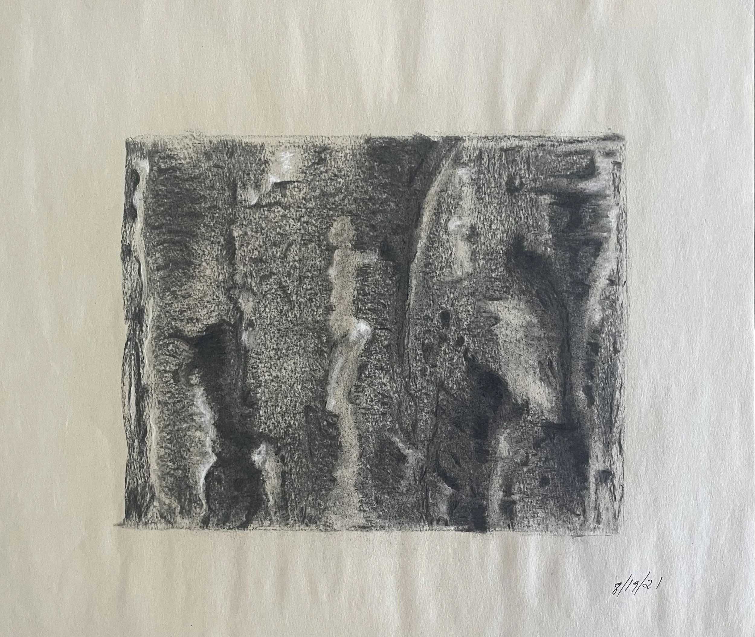 Art by Hilary Saner. Black and white sketch of a rocky landscape with trees and a cloudy sky, signed and dated in the bottom right corner.