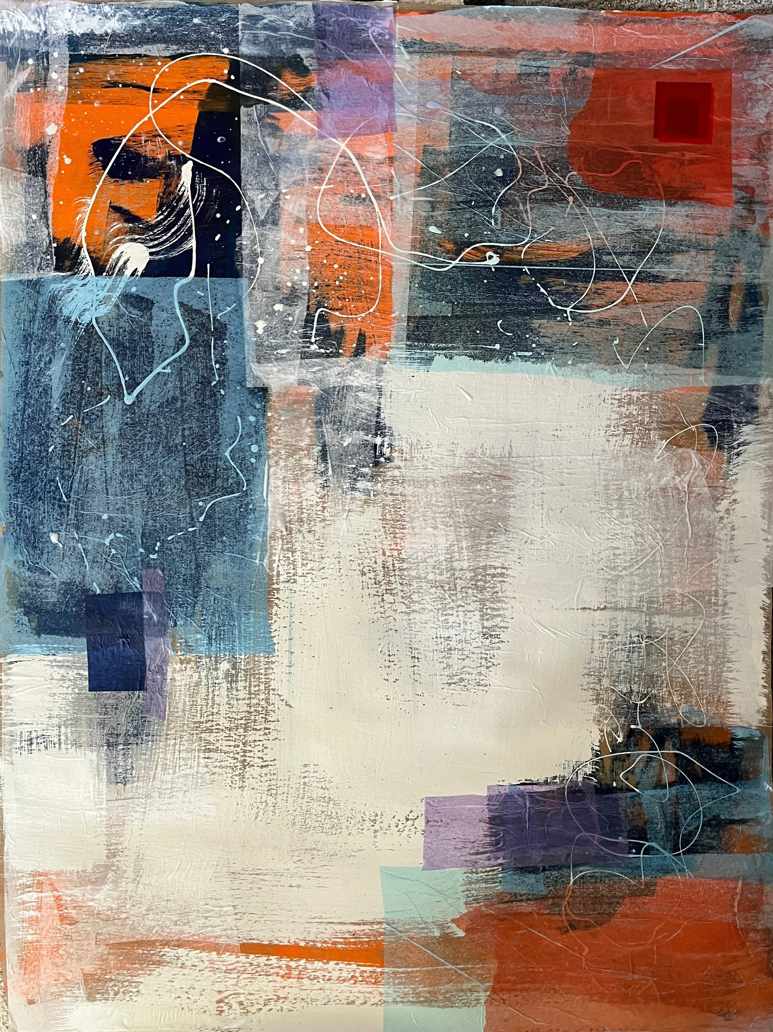 Abstract mixed media artwork featuring layered colors, textures, and patterns in shades of orange, white, navy blue, gray, and purple, with expressive brushstrokes, splatters, and scribbles.
