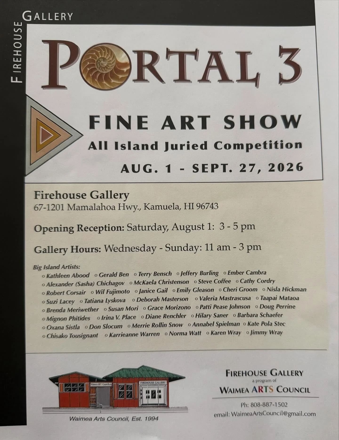 So delighted to have Through the Window included in the upcoming Portals #3 show opening tomorrow at the Firehouse Gallery in Waimea, Big Island, Hawaii. Come and check out this varied and gorgeous show! Up through September!