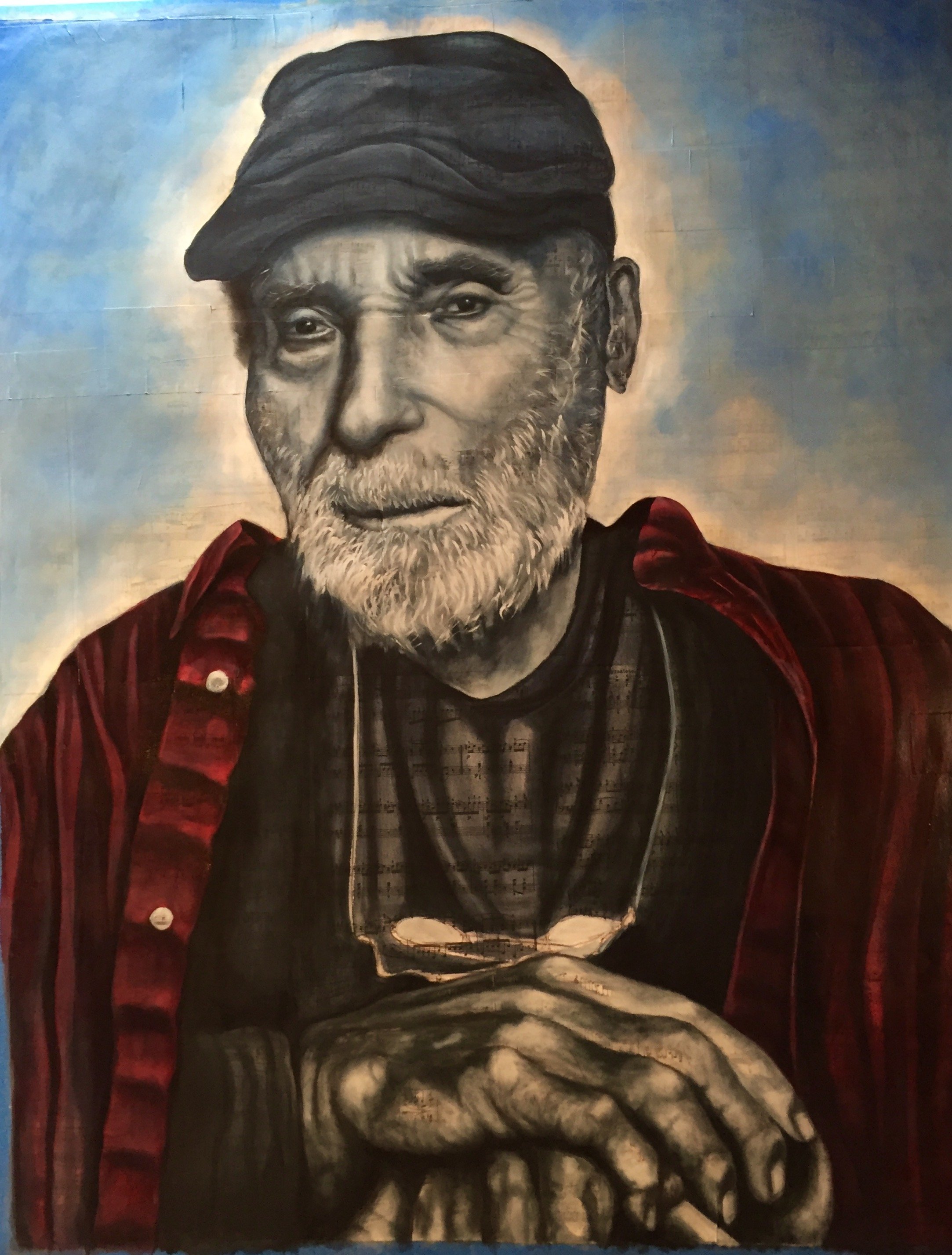 A black and white painting of an elderly man with a beard, wearing a cap and a jacket, holding his hand in front of him.