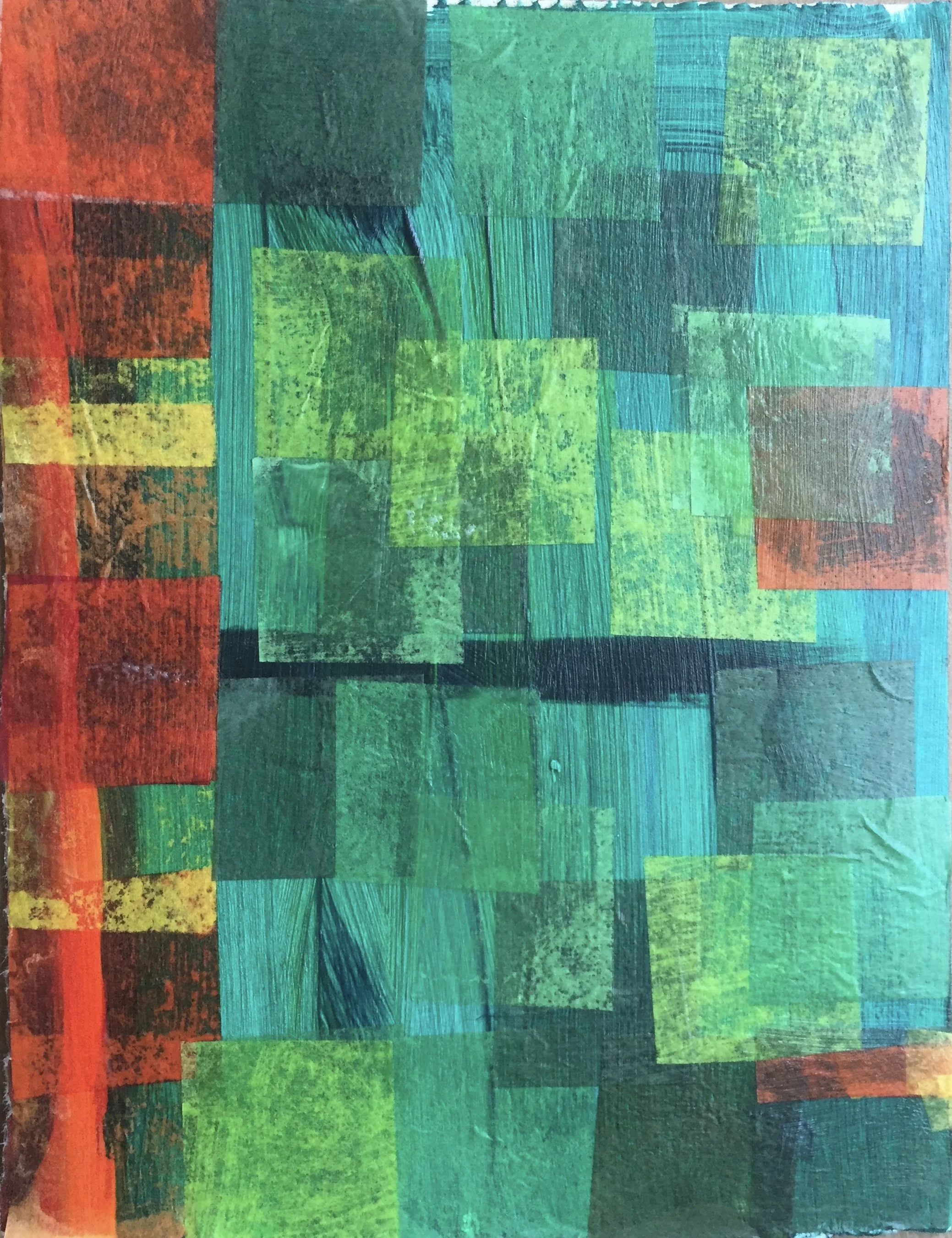 Art by Hilary Saner. A colorful abstract painting featuring various rectangular shapes and textured colors including red, orange, yellow, green, and blue.