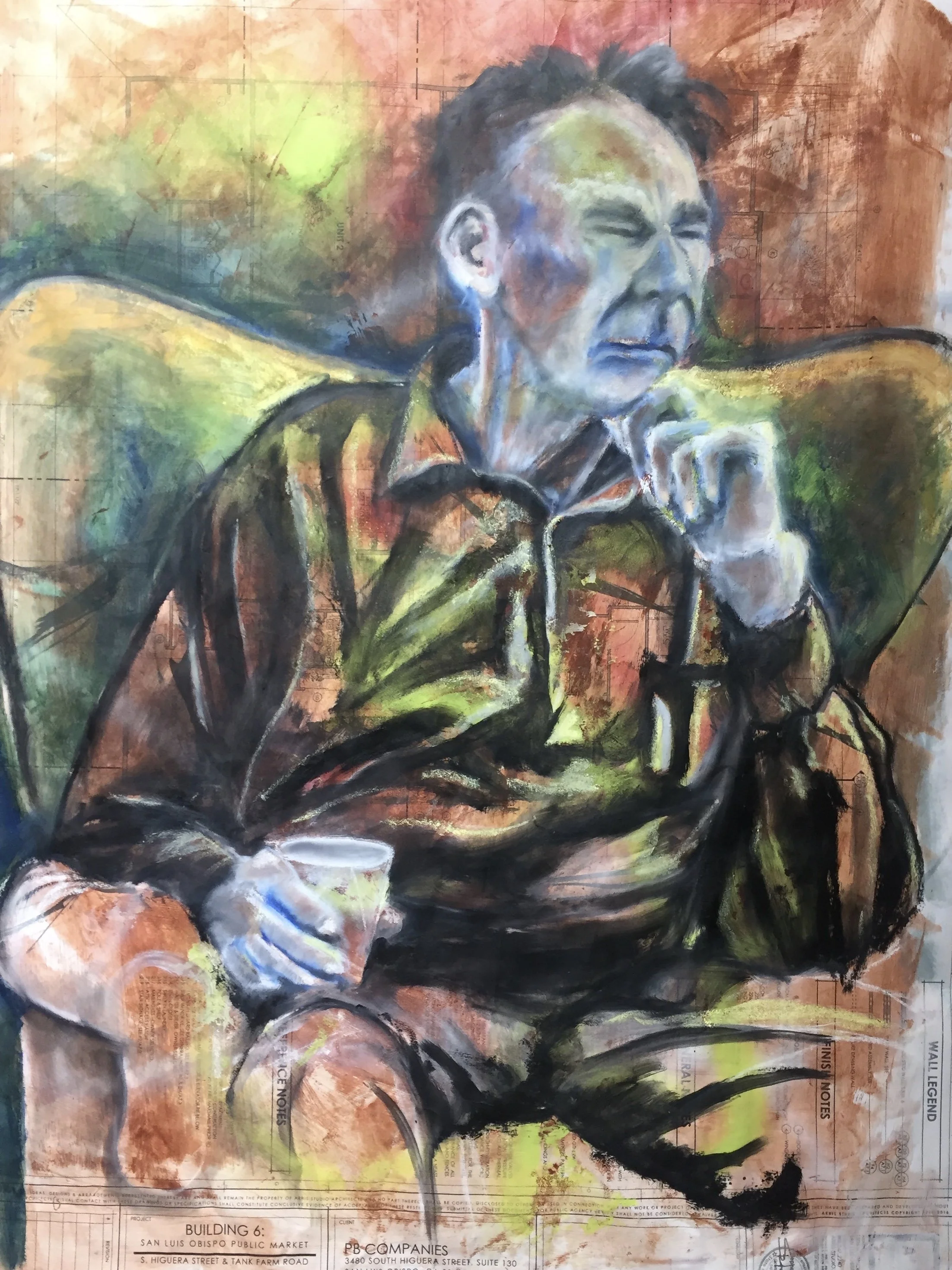 A colorful abstract painting of a woman with short hair, her eyes closed, resting her chin on her hand. The background features warm tones of orange, red, and green with textured patterns.
