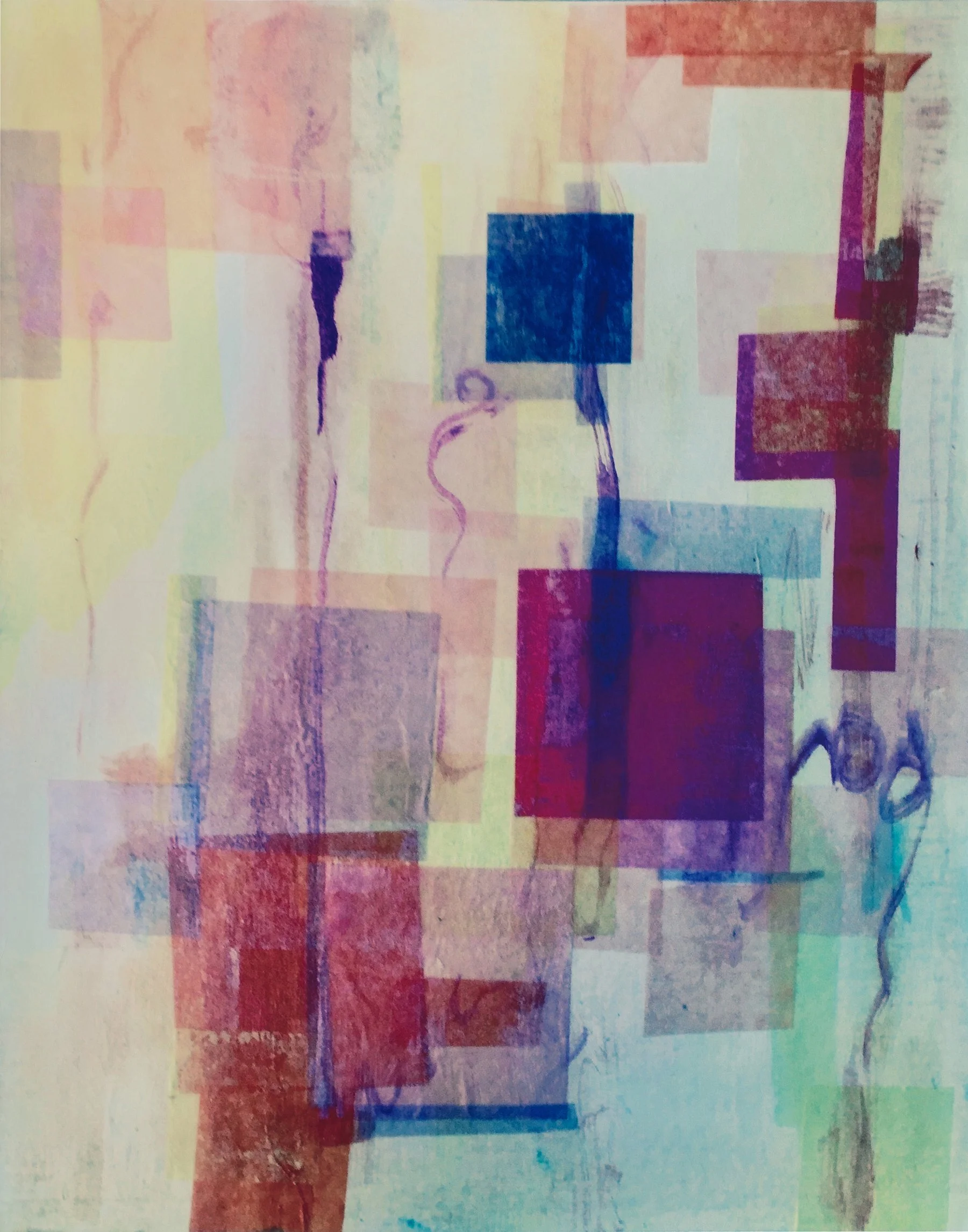 Art by Hilary Saner. Abstract artwork with multicolored geometric shapes, including squares and rectangles, in various shades of red, blue, yellow, purple, and beige.