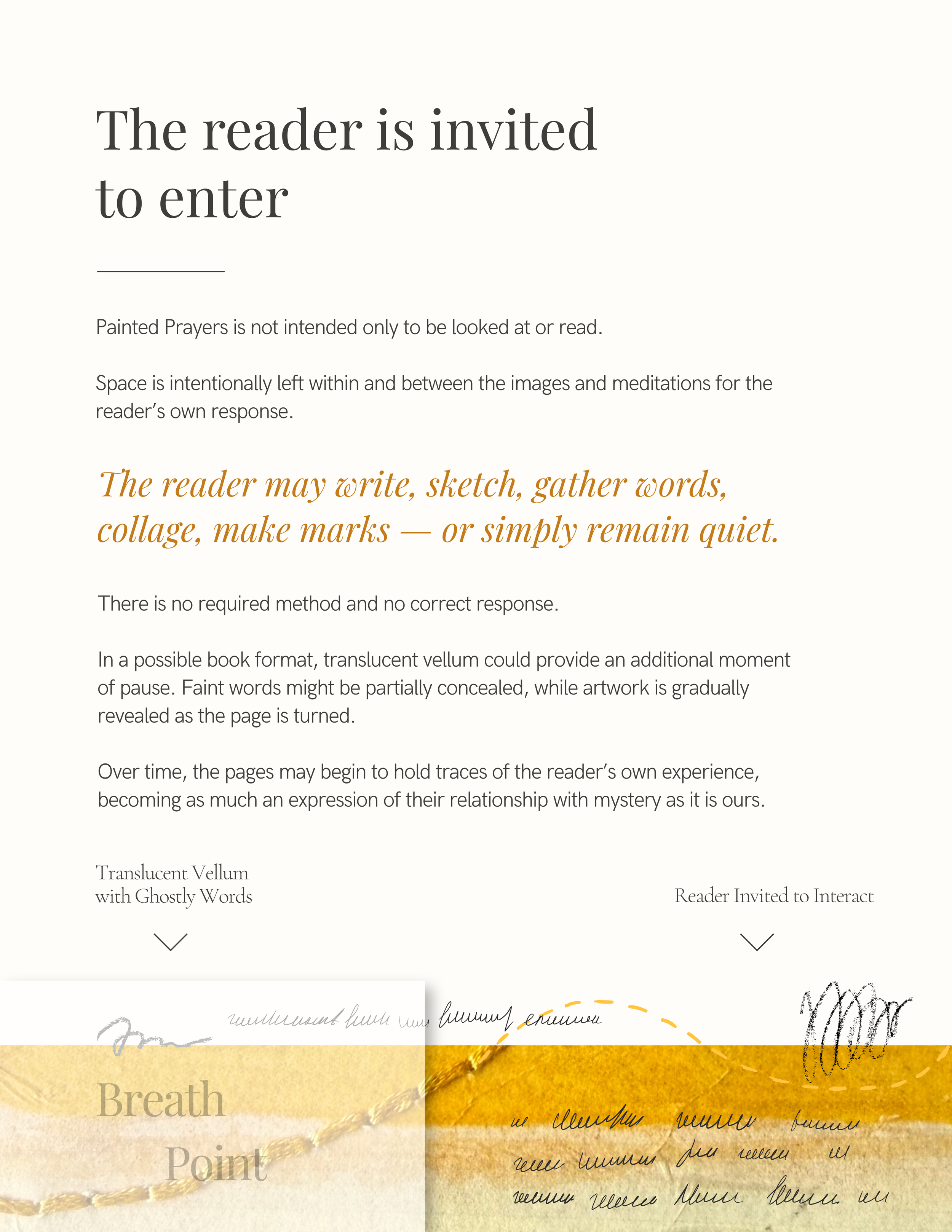 A digital collage combining handwritten script and printed text on paper, with words and phrases related to meditation and breathing, including the words 'Breath,' 'Point,' and 'Peace,' overlaid on a textured, yellow and beige background.