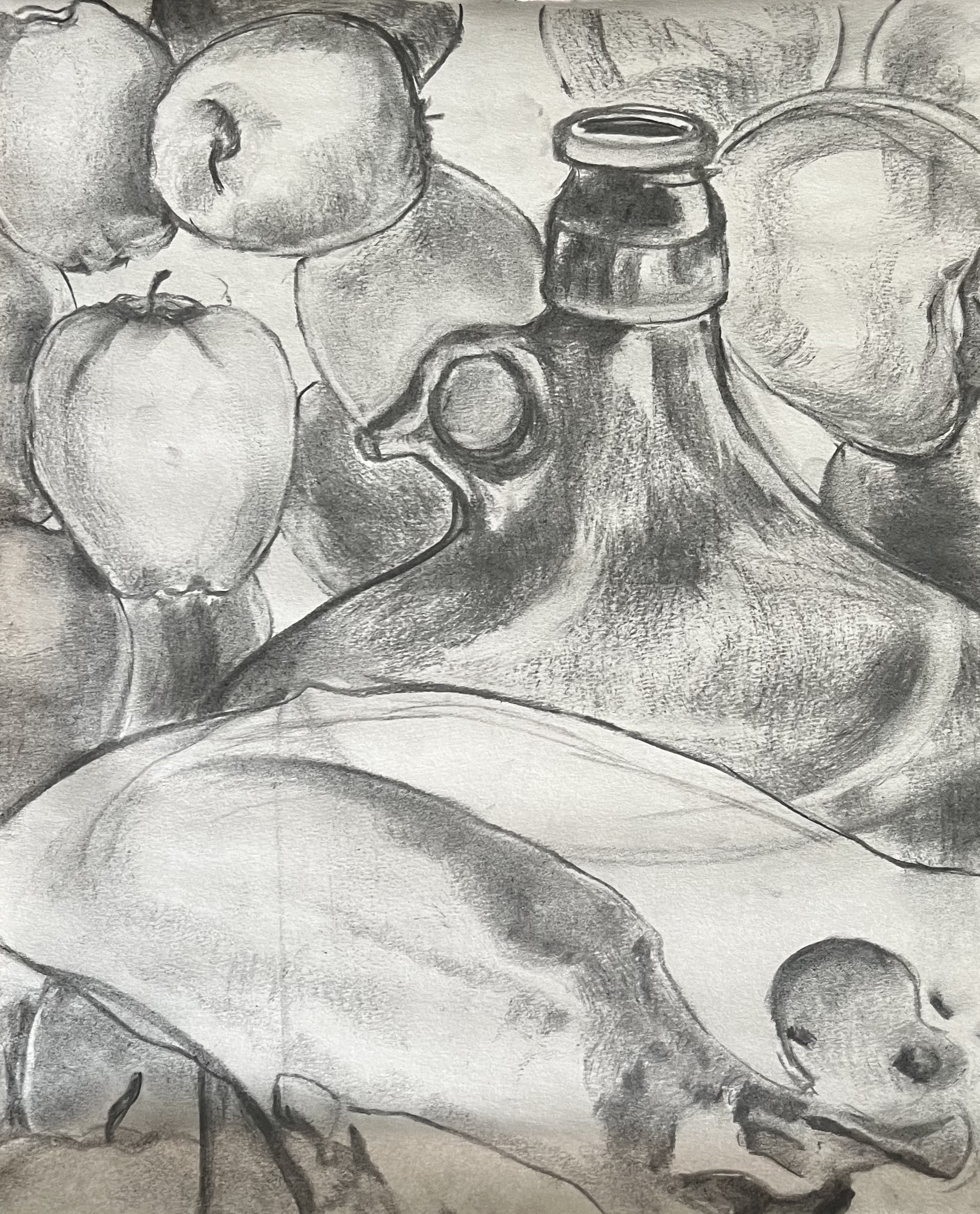 A black-and-white pencil sketch of a still life arrangement featuring apples, a small vase, and a partially visible fruit on a table with draped fabric.