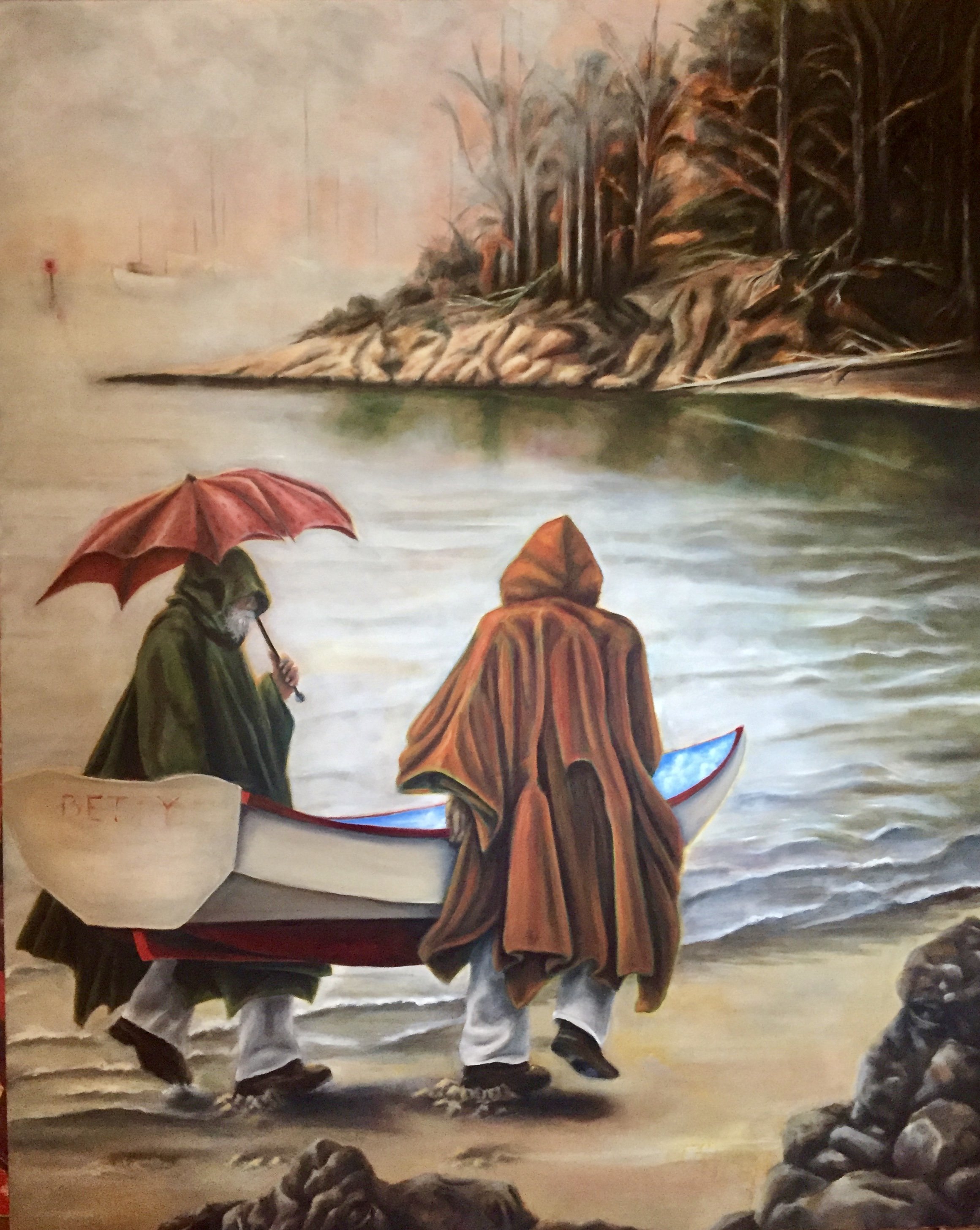 Three people walking along a shoreline, holding an umbrella, with a see-through boat in the background, and a dog in the rocky foreground.