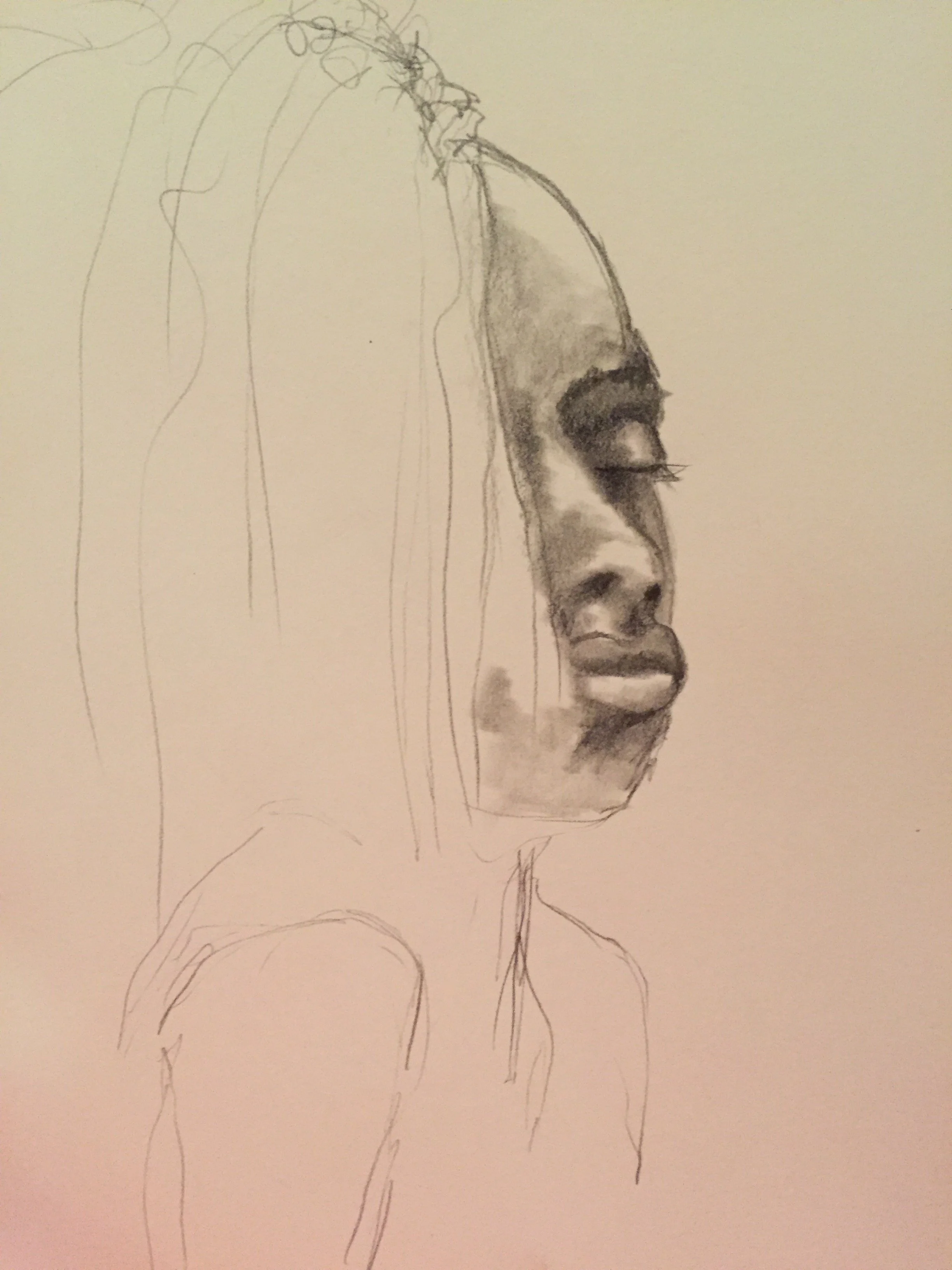 A pencil sketch of a person's face in profile view, showing closed eyes, nose, and lips, with minimal lines indicating hair and neck.