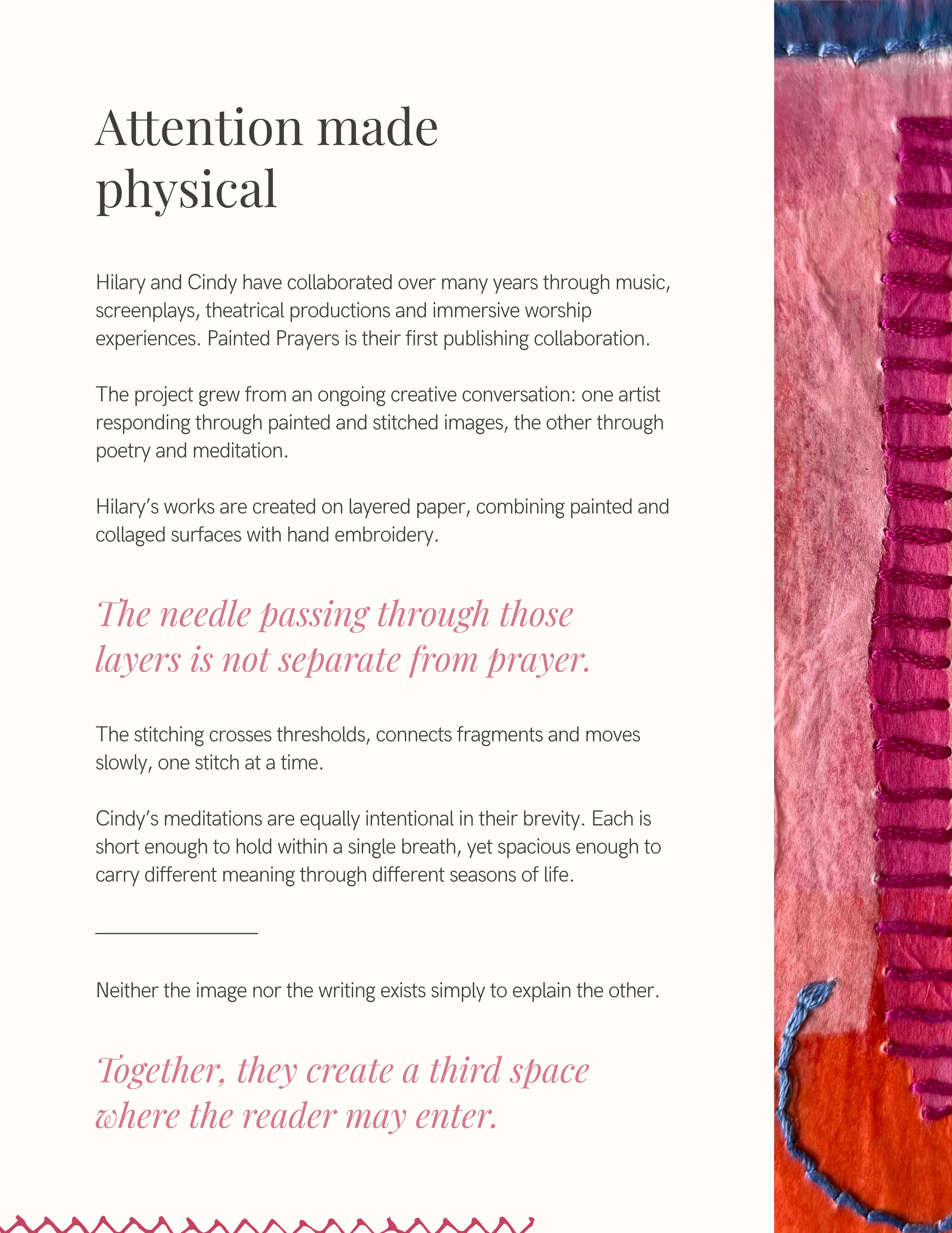 Text on a webpage titled 'Attention made physical' with content about art collaborations between Hilary and Cindy, focusing on painted stitches and layered paper; the right side features colorful textured fabric and stitched designs.