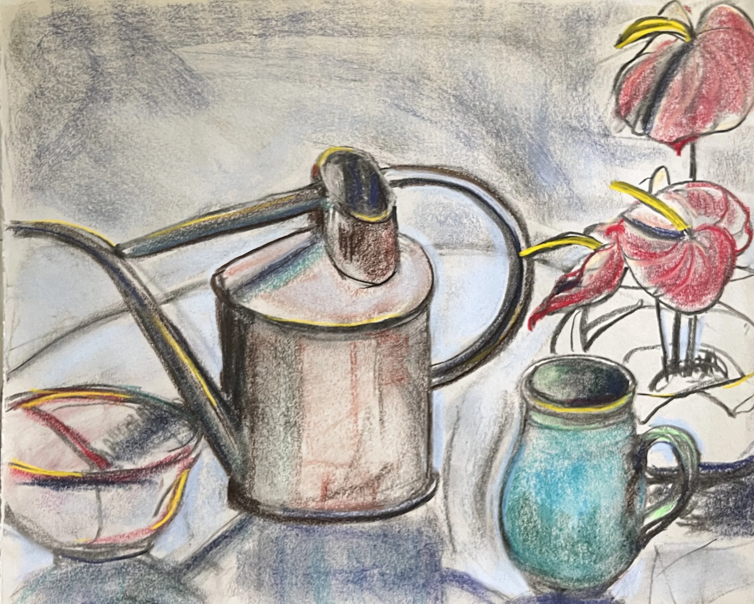 A colorful abstract drawing featuring a soap dispenser, a large flower with red petals, yellow stamens, and green foliage, set against a textured background.