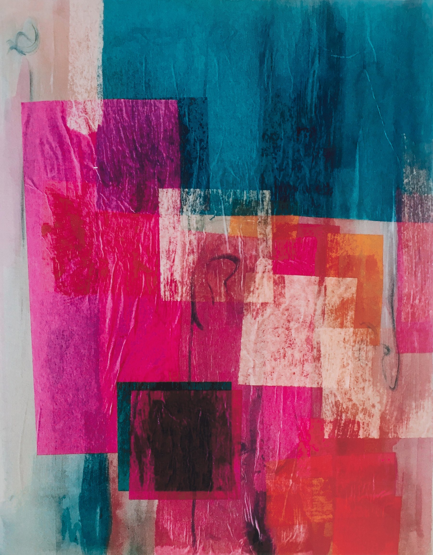 Art by Hilary Saner. An abstract artwork composed of overlapping squares and rectangles in shades of pink, red, orange, teal, and black, with visible brush strokes and textured patterns.