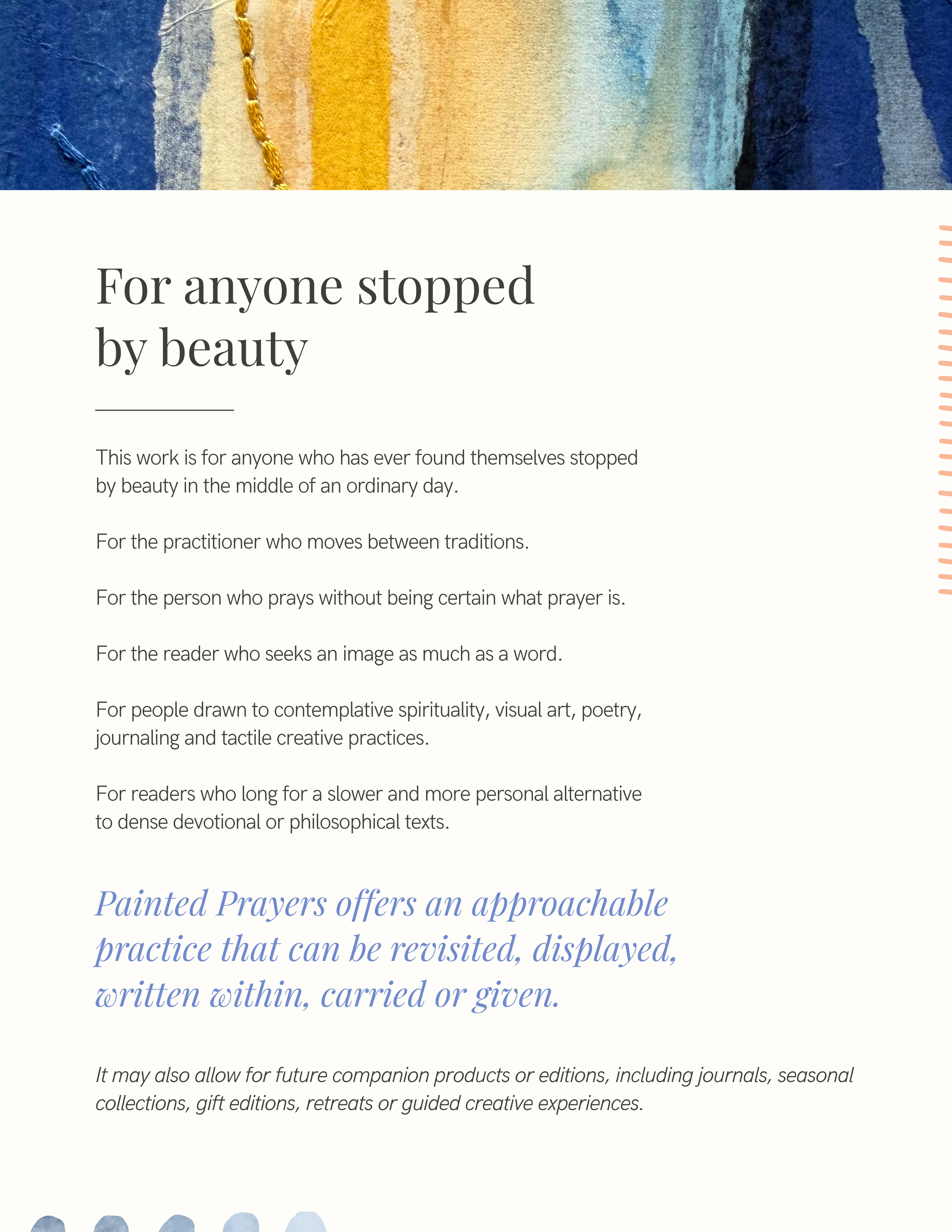 Close-up of a colorful abstract painting with gold thread detail at the top. The modern layout features large text headline and smaller descriptive text on a light background, with pastel accents and a decorative corner border.