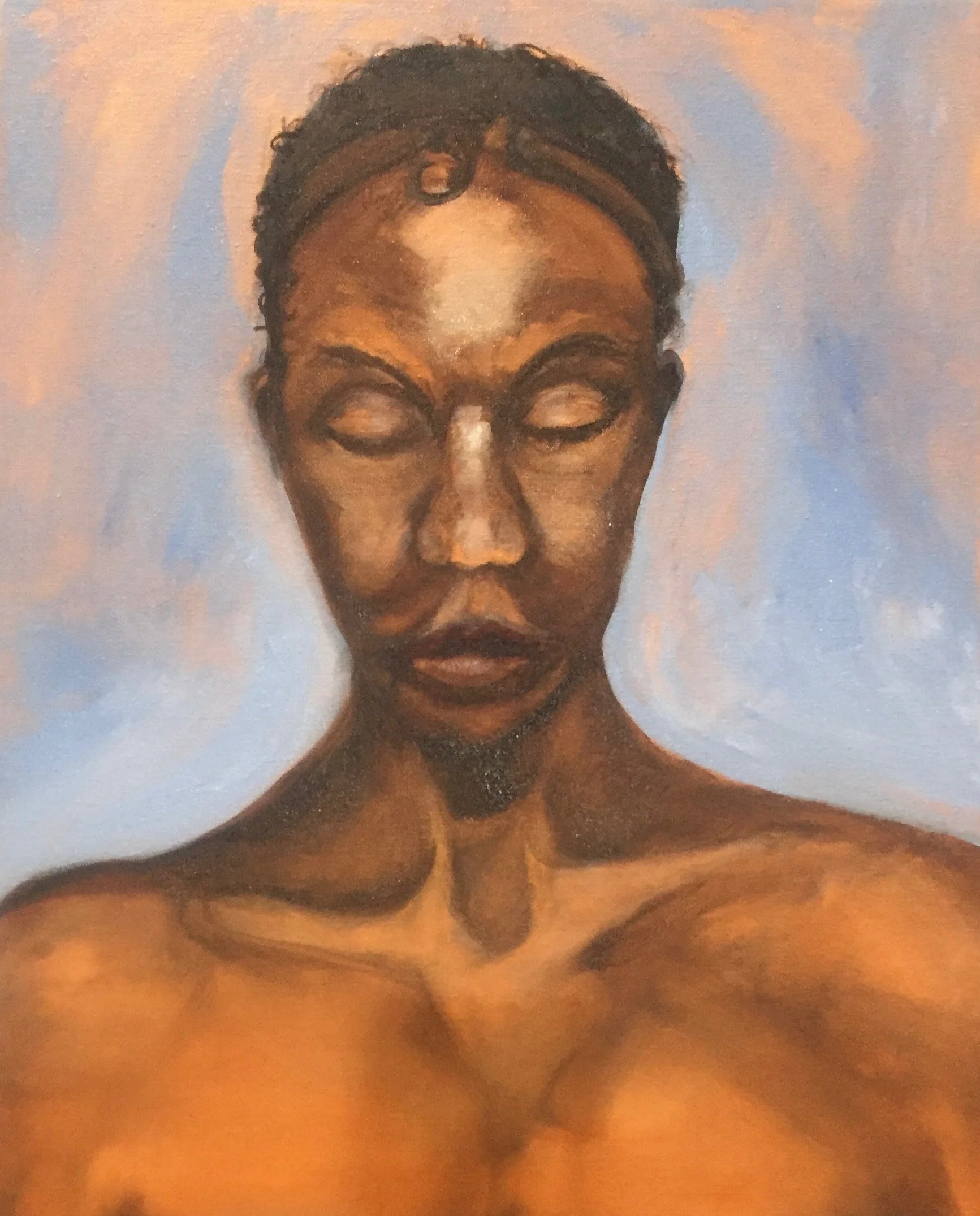 Painting of a woman with closed eyes and a headband, with dark hair styled in a bun, and a bare shoulder visible.