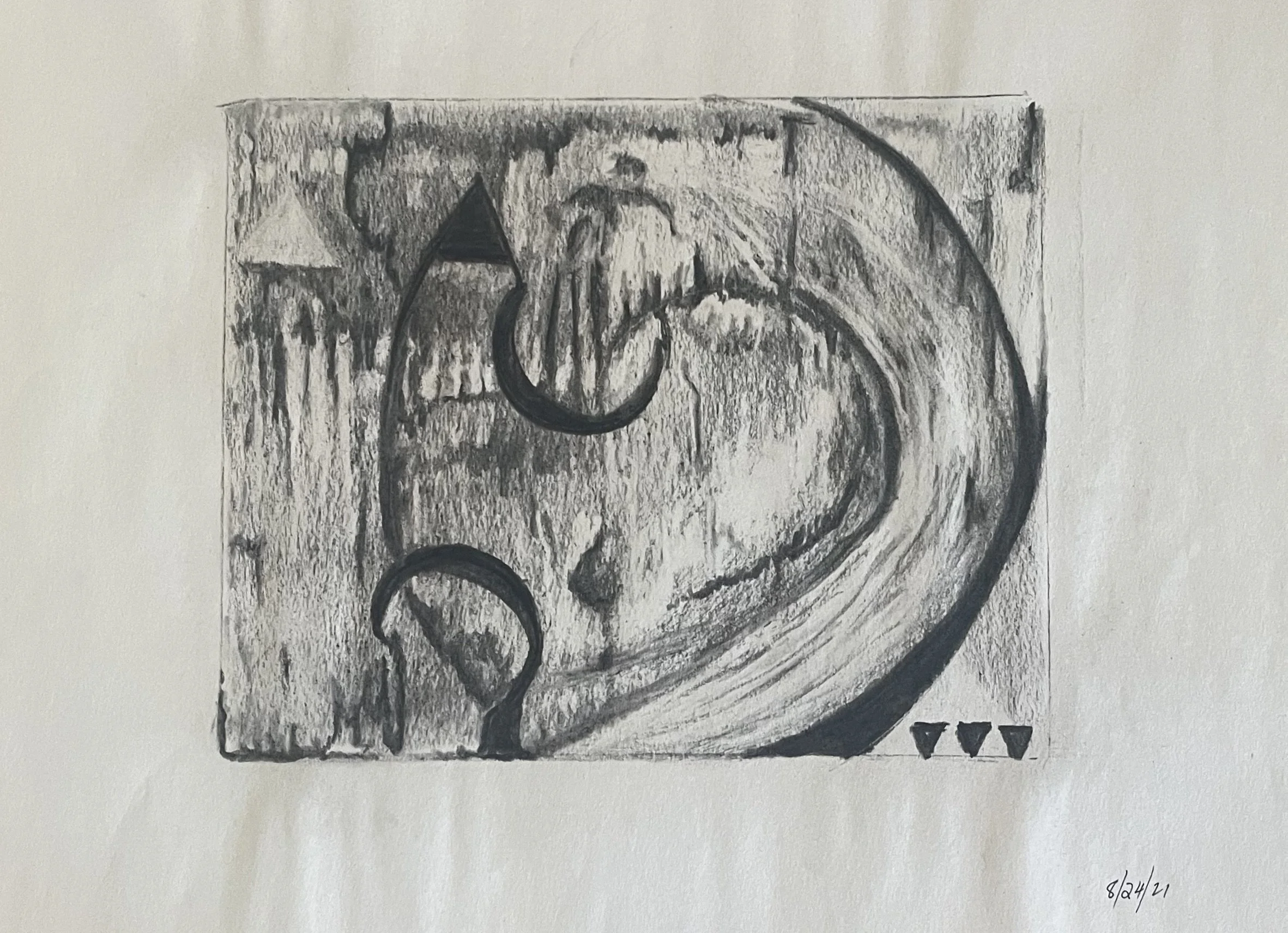 A black and white drawing of a vintage camera, signed and dated 8/24/21 at the bottom right corner.