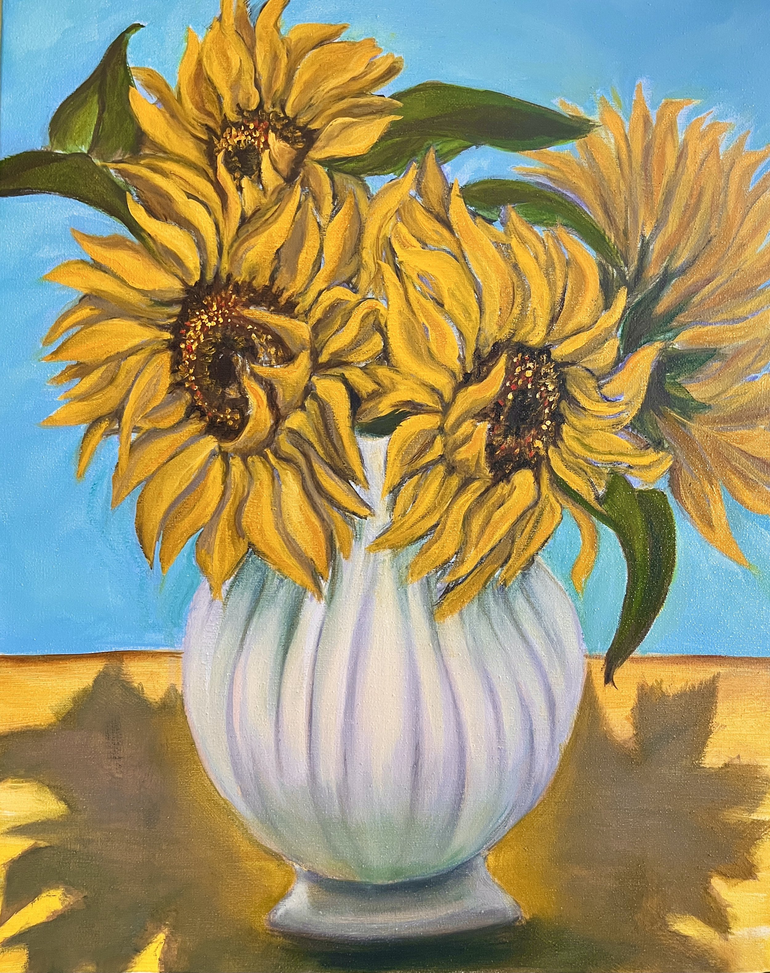 Painting of a sunflower in a white vase against a light blue background with a yellow table.
