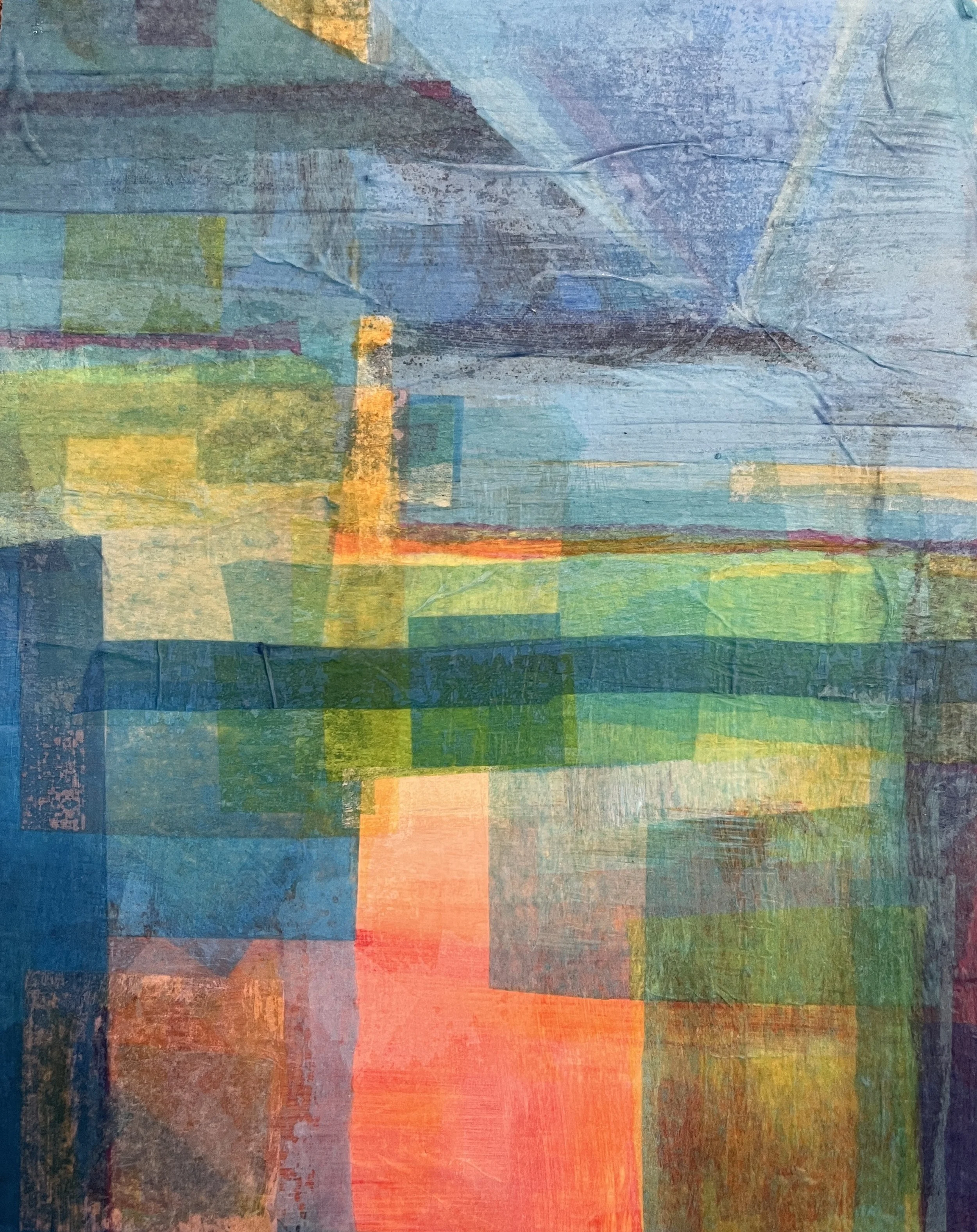 Art by Hilary Saner. Abstract colorful painting with rectangles and textured brushstrokes in shades of blue, green, yellow, orange, and red.