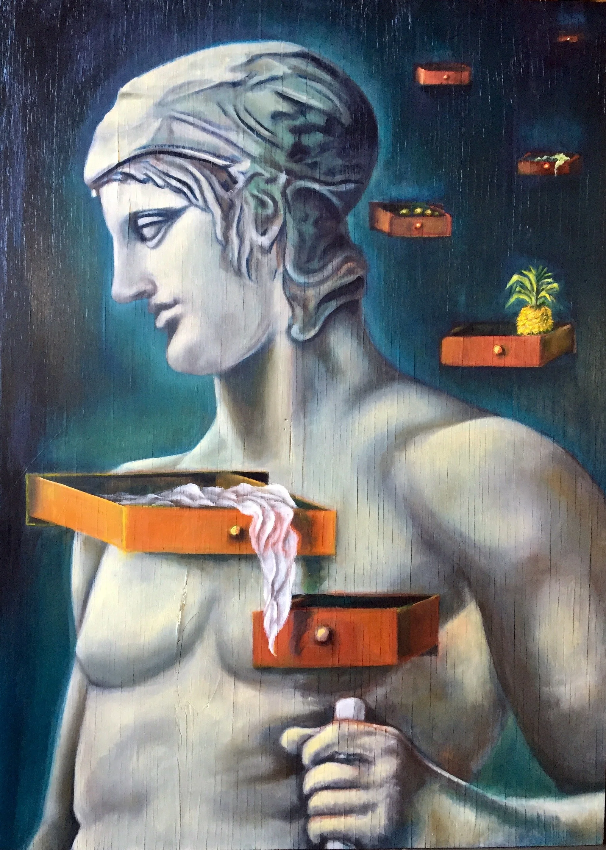A painting of a woman with a contemplative expression, holding her chin with her hand, surrounded by floating shelves with small objects and a pineapple, with a dark background.