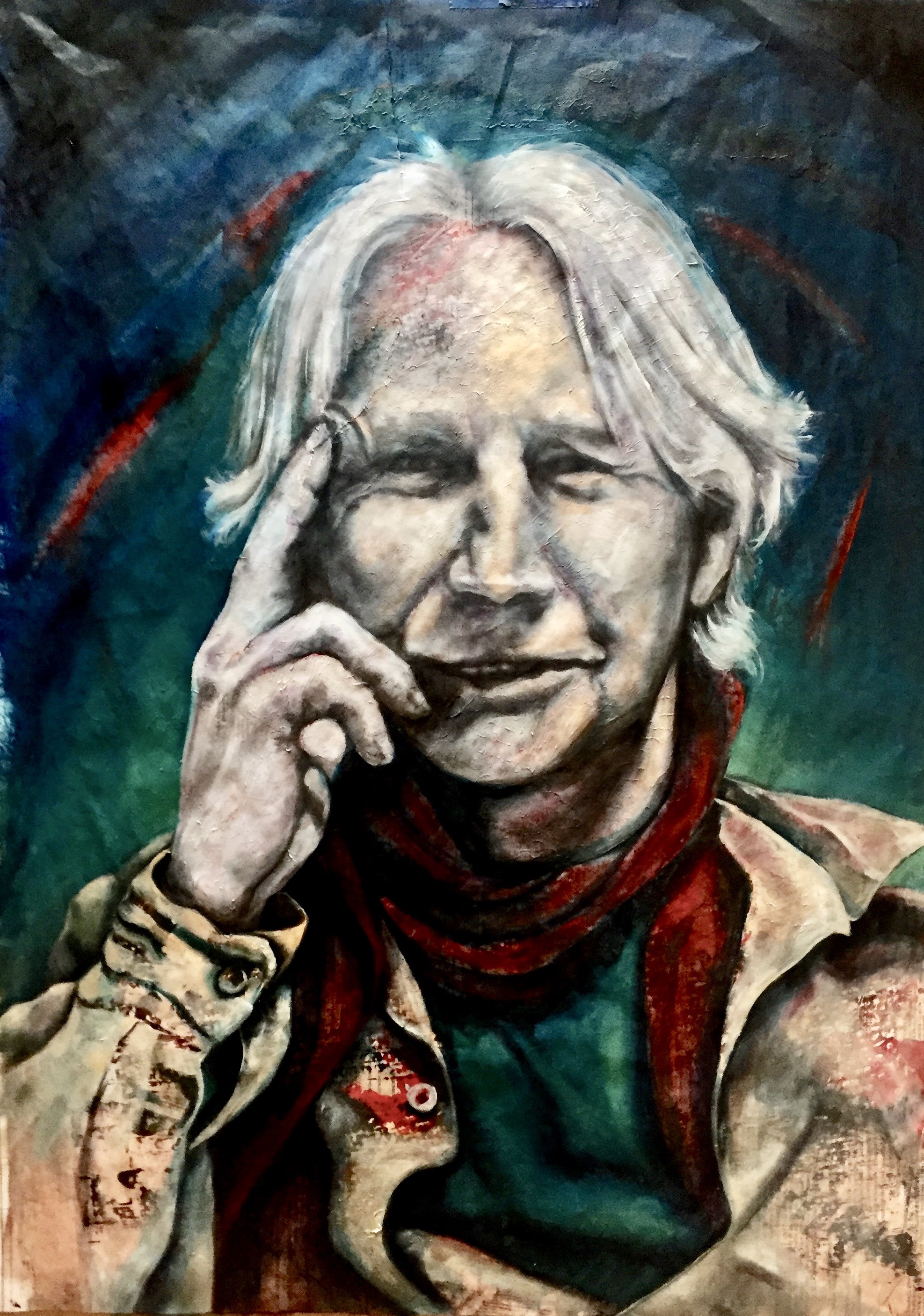 A portrait of an elderly woman with white hair, her eyes closed, resting her head on her hand, in a contemplative pose. She is wearing a colorful scarf and a jacket with visible buttons.