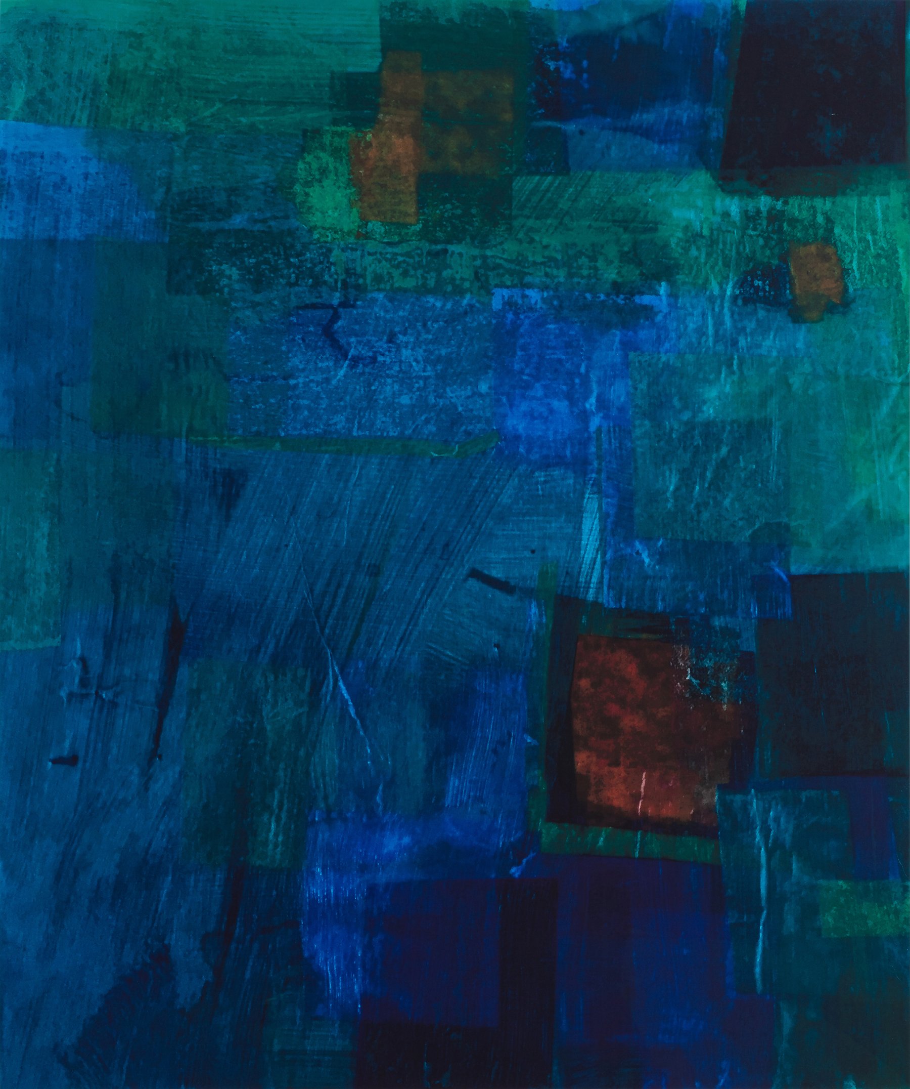 Art by Hilary Saner. Abstract painting with predominantly blue and green hues, featuring some orange and red accents, with layered, textured brushstrokes.