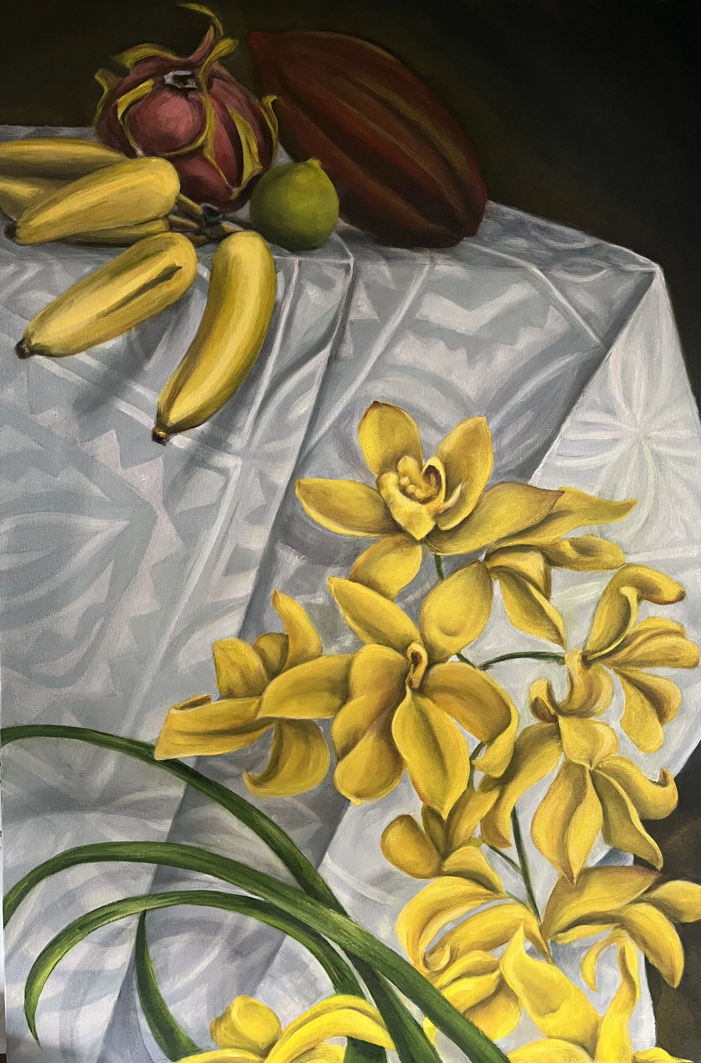 Art by Hilary Saner. A still life painting of a table with a white cloth, yellow orchids, bananas, a green lime, a pink and brown passion fruit, and a reddish-brown oval fruit.