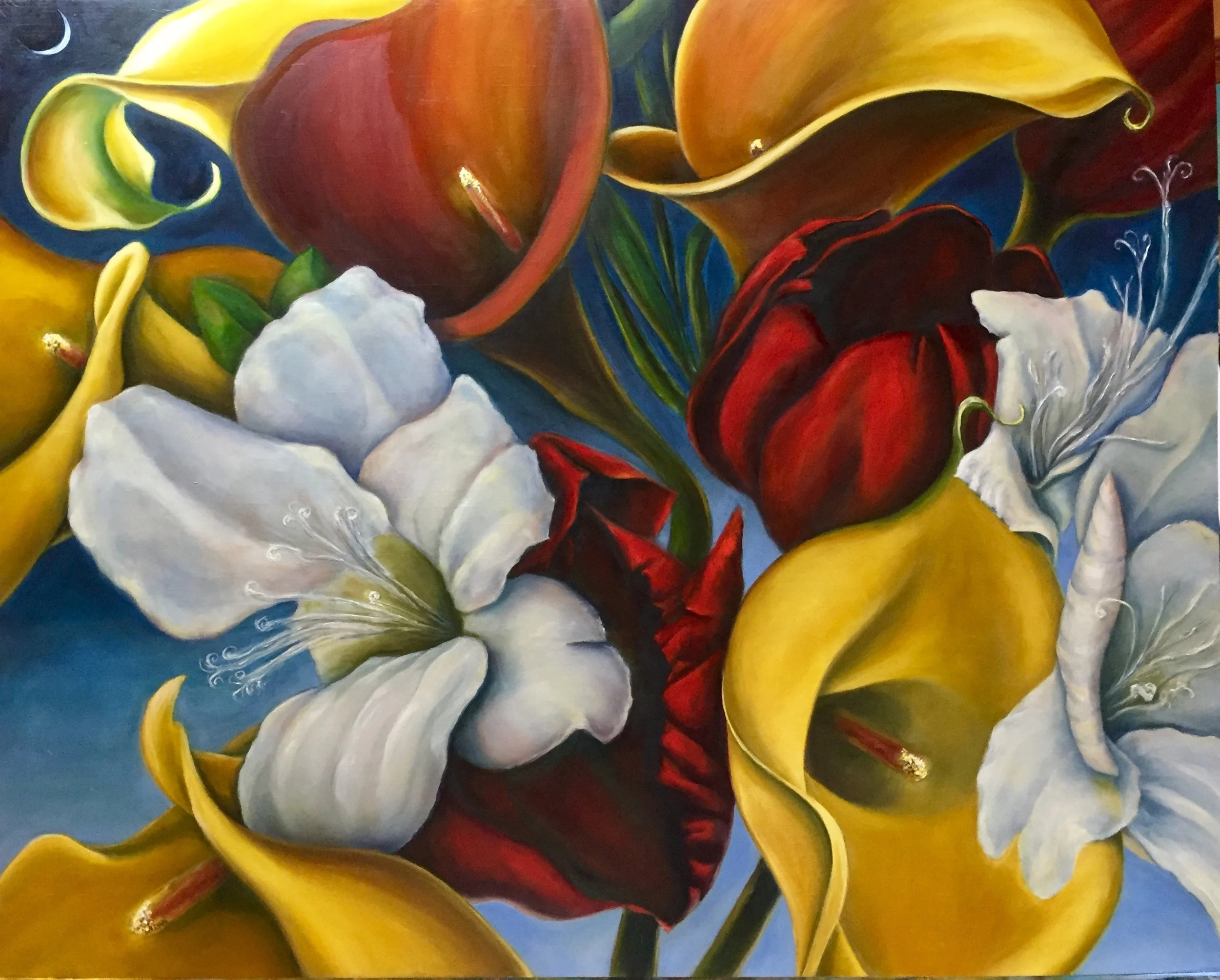 Close-up of yellow calla lilies, white lilies, and red lilies with a dark blue background.