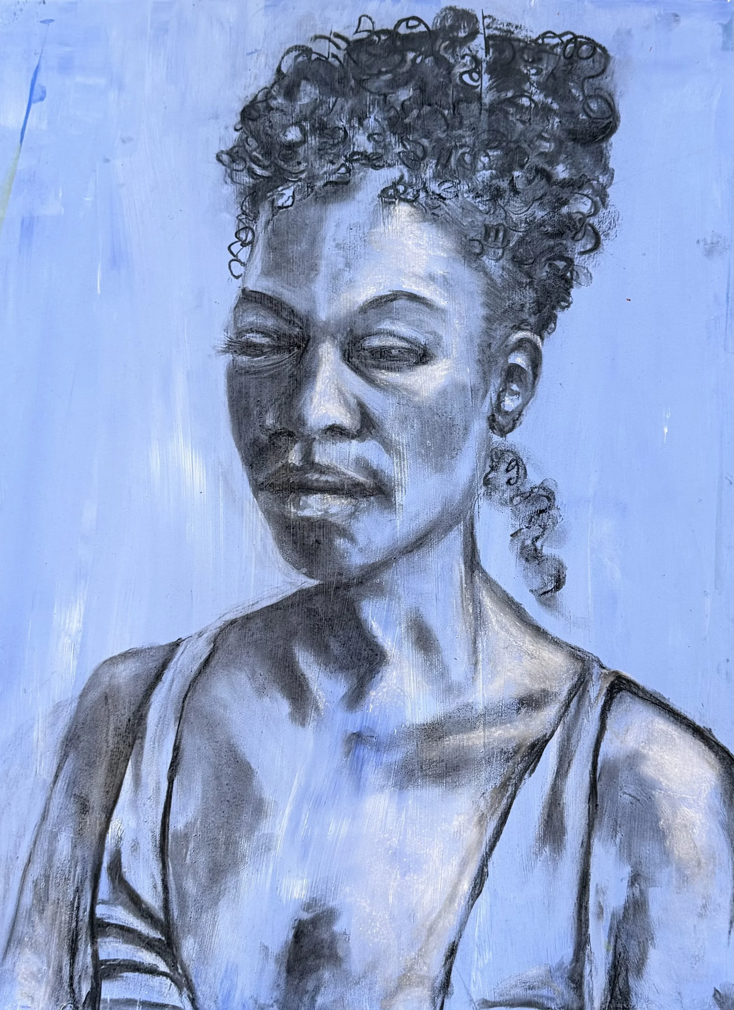 A monochrome portrait of a woman with curly hair, wearing a tank top, against a blue background.