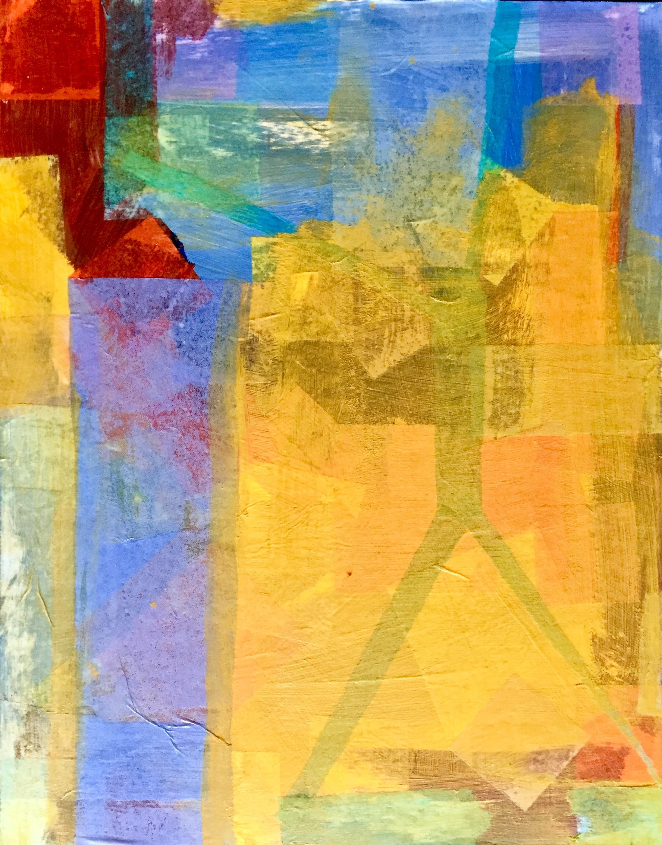 Art by Hilary Saner. Abstract colorful painting with overlapping blocks of yellow, blue, red, purple, green, and orange.