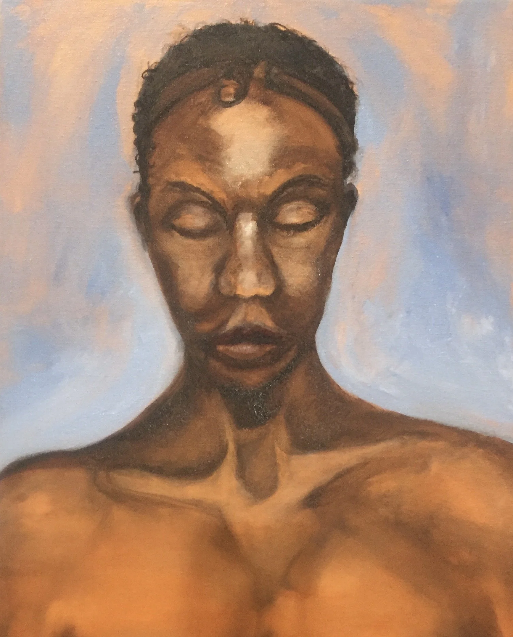 Art by Hilary Saner. Painting of a woman with closed eyes, wearing glasses and a black headband, with short curly hair and a serious expression.
