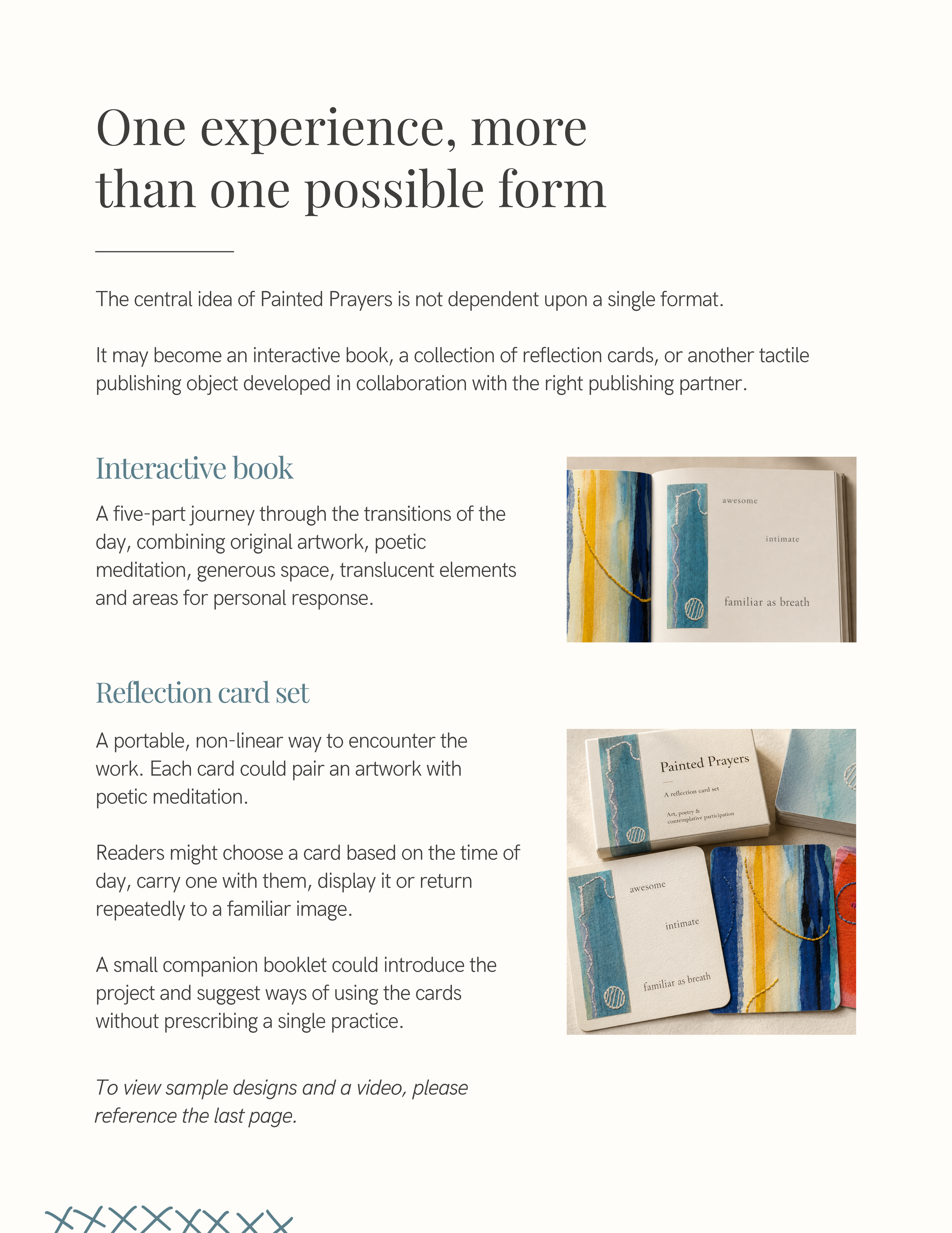 Screenshot of an article or product page discussing Painted Prayers, featuring text with titles such as "One experience, more than one possible form" and images of colorful books and reflection cards.