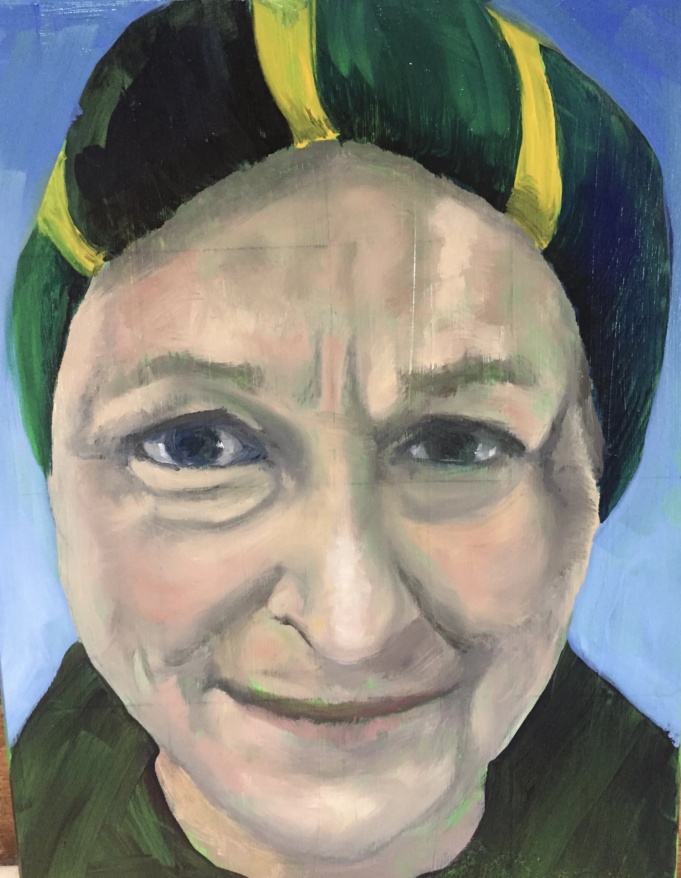 A painting of a child's face with short black hair, large expressive eyes, light skin, and a slight smile, set against a blue background.