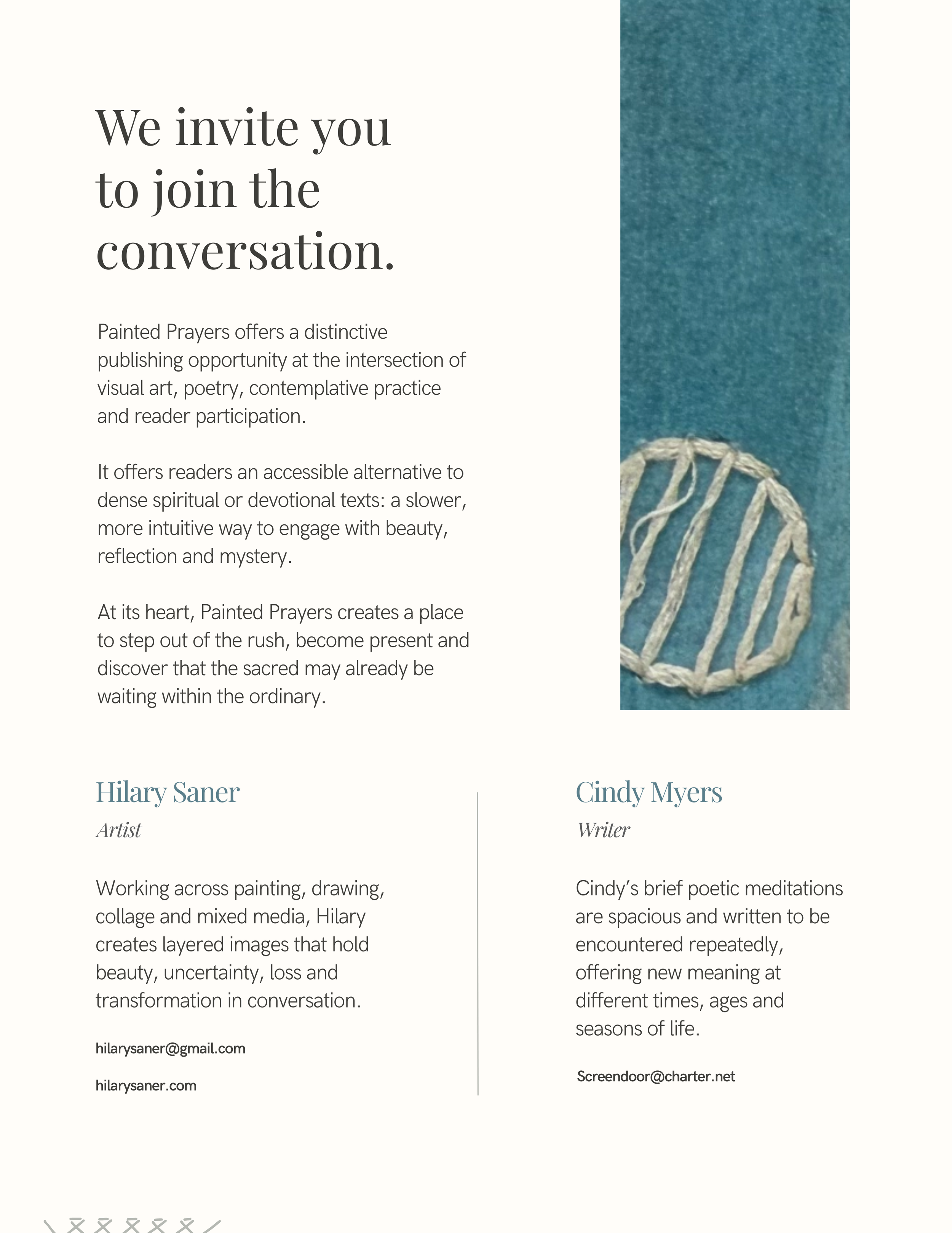 A webpage invitation for Painted Prayers with a large heading that says 'We invite you to join the conversation.' and a paragraph describing the purpose of Painted Prayers. The right side features a close-up image of a blue textured surface with a sm