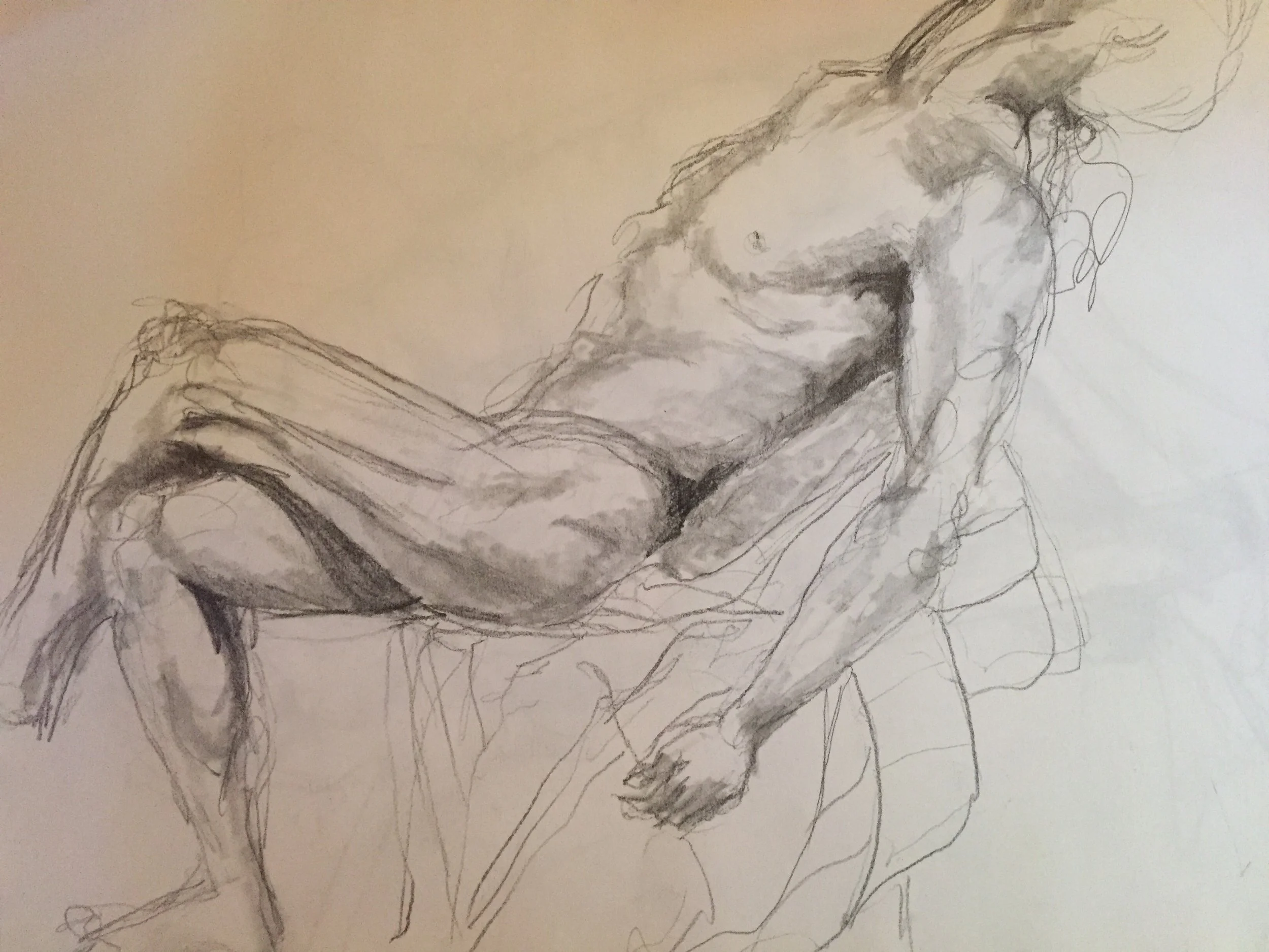 Sketch of a woman reclining, with her head resting on her hand and her eyes closed.