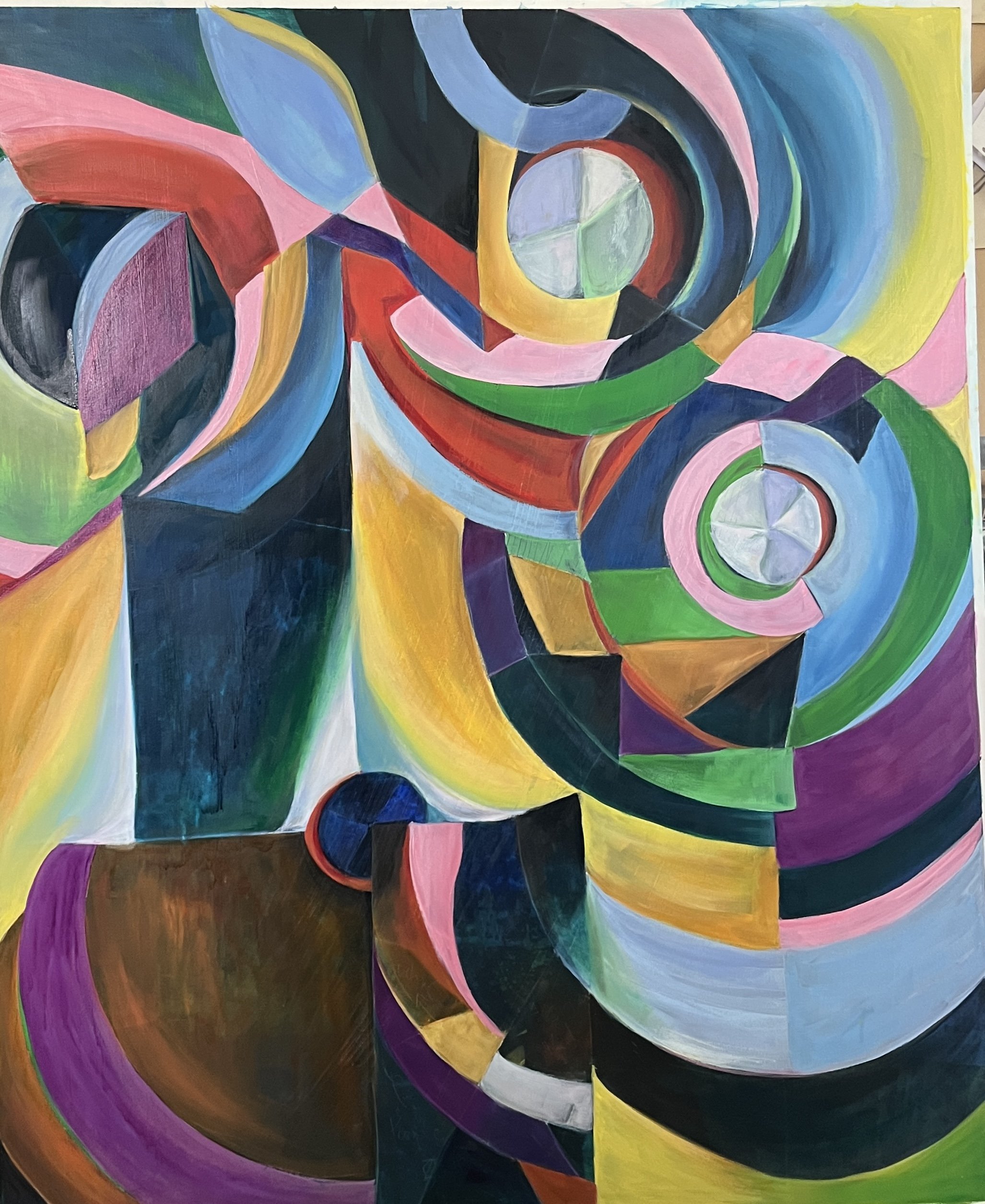Conversations with Sonia #2 by Hilary Saner. An abstract painting featuring swirling shapes and bright colors such as yellow, pink, green, blue, black, purple, and red, creating a vibrant and dynamic composition.