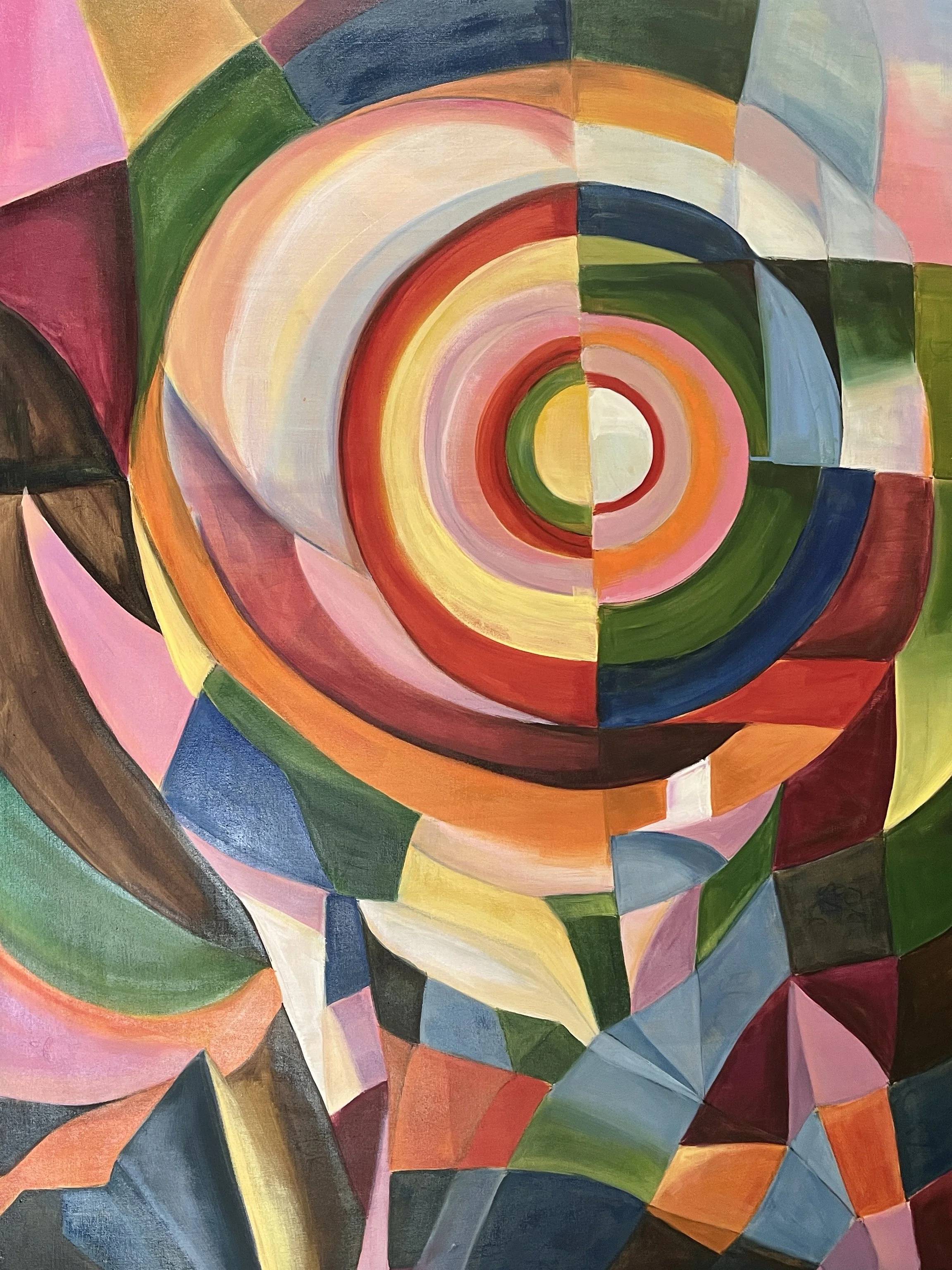 Conversations with Sonia #1 by Hilary Saner. Abstract geometric painting with bold, bright, concentric rings and angular shapes in red, yellow, pink, green, blue, orange, black, and white.