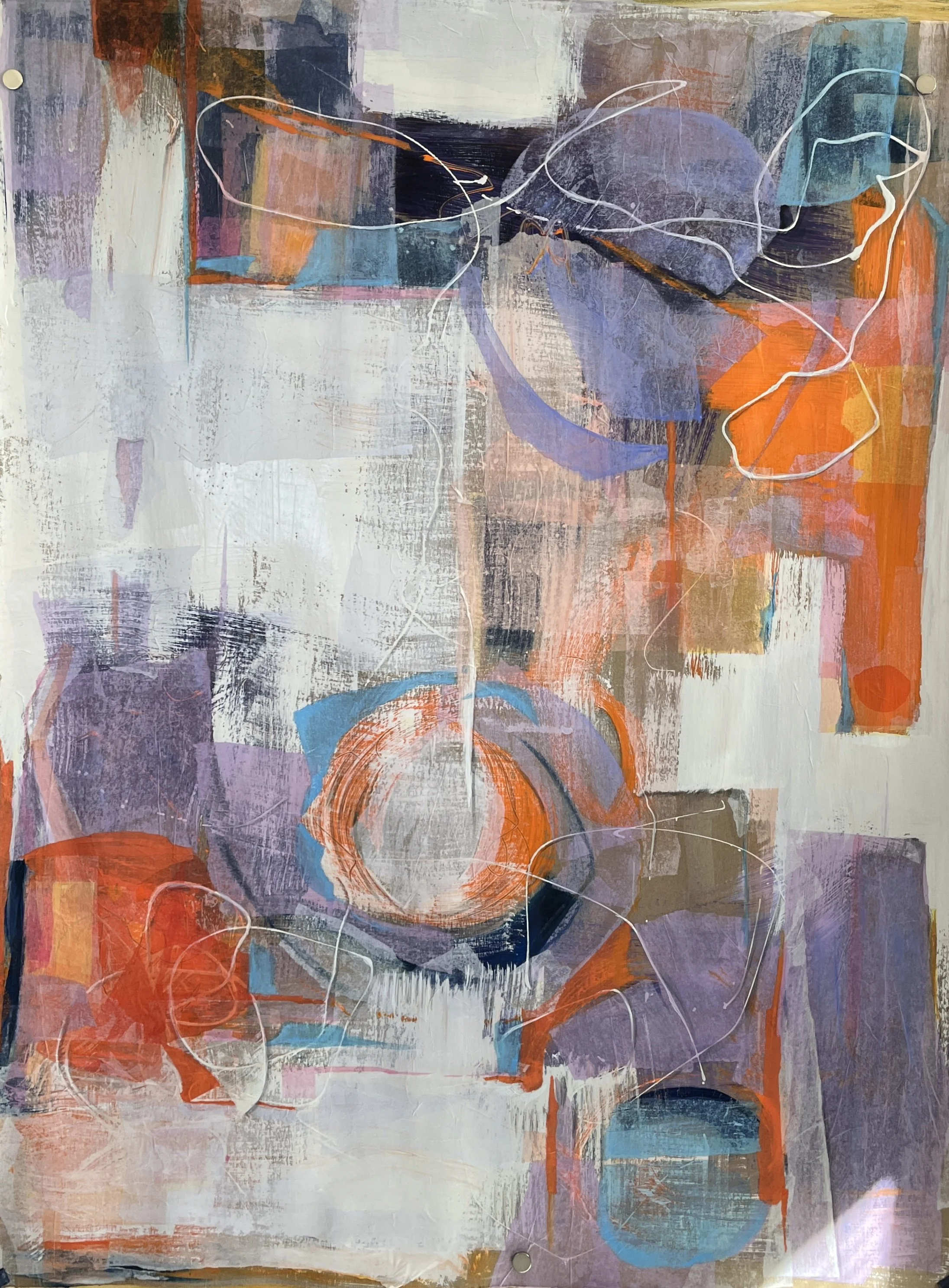 An abstract painting with a mix of colors including purple, orange, white, black, and blue. It features various geometric and organic shapes, with some white curving lines crossing the composition.