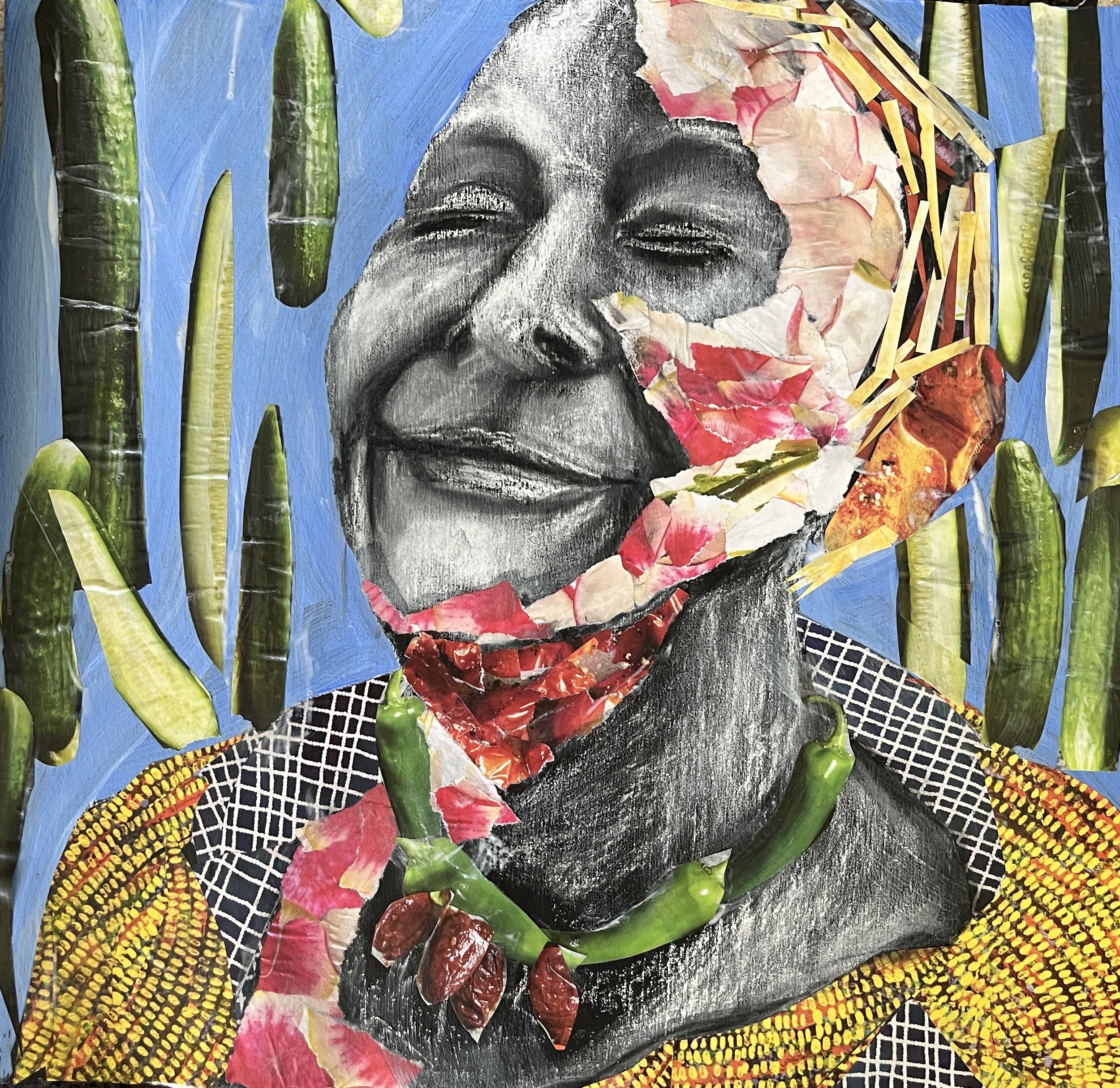 Collage of a black and white portrait of a joyful woman with eyes closed, surrounded by black, yellow, and red woven patterns, green bamboo stalks, pink and red torn paper, and bright yellow, red, and black stripe decorations.