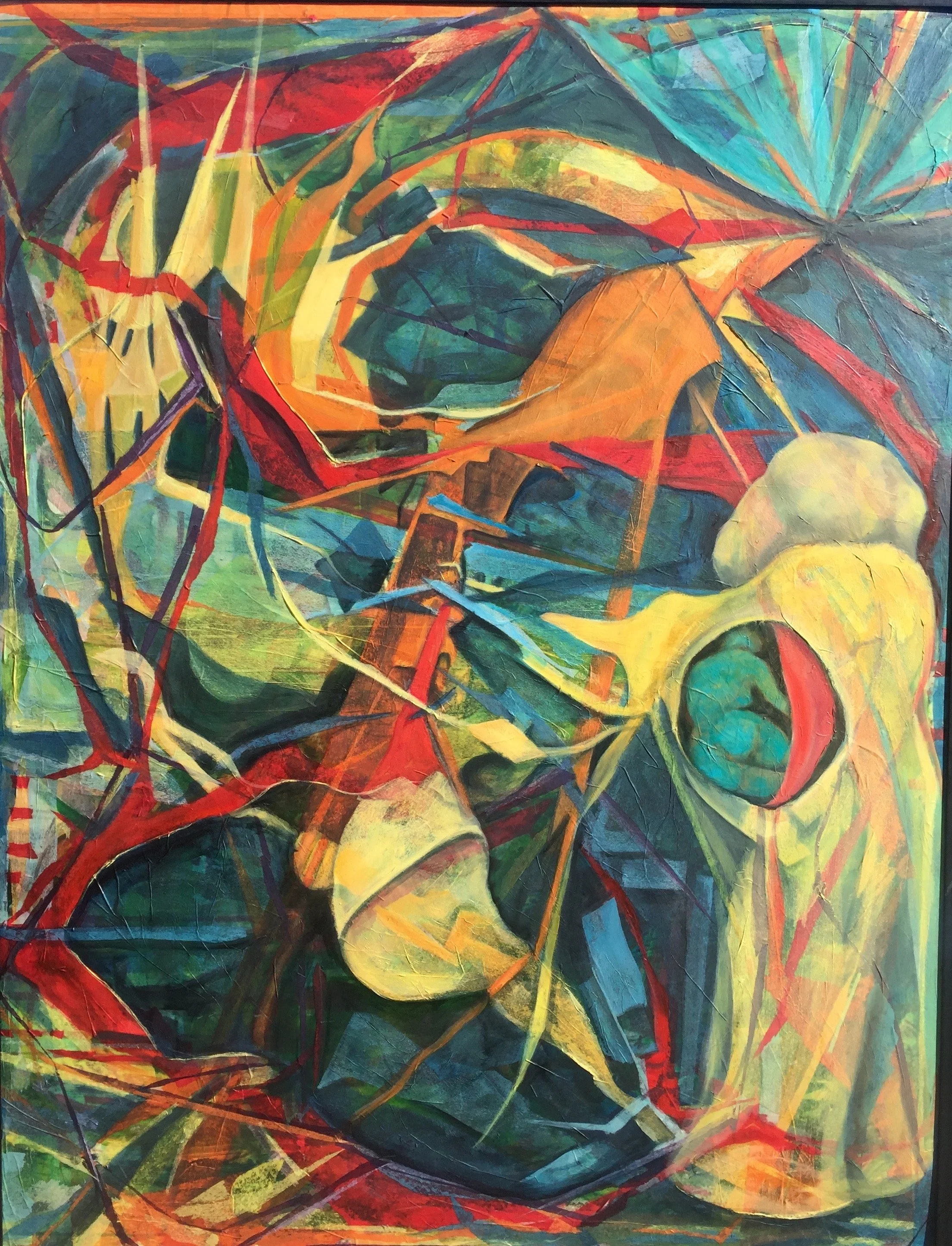 Art by Hilary Saner. An abstract, colorful painting with dynamic lines and shapes. The artwork features vibrant colors including red, yellow, green, and blue, creating a sense of movement and energy.